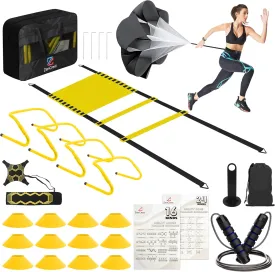 11-in-1 Agility Ladder Speed Training Equipment Kit-20ft Soccer Ladder, 4 Adjustable Hurdles, Ball Kick Trainer, 12 Cones, Resistance Parachute and Carry Bag for Kids, Youth and Adults