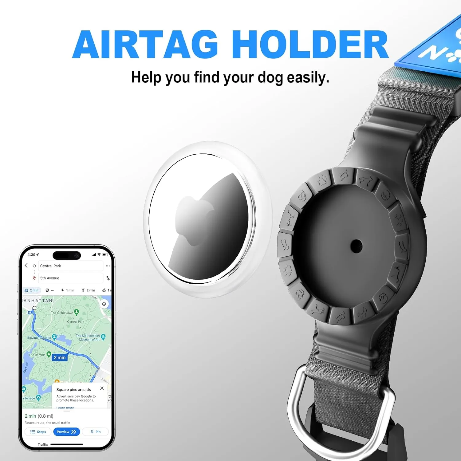 Airtag Dog Collar Light Dog Collars with AirTag Holder Rechargeable LED Glowing Dog Collar Adjustable Bright Cool Collar for Dogs in The Dark Waterproof Blue