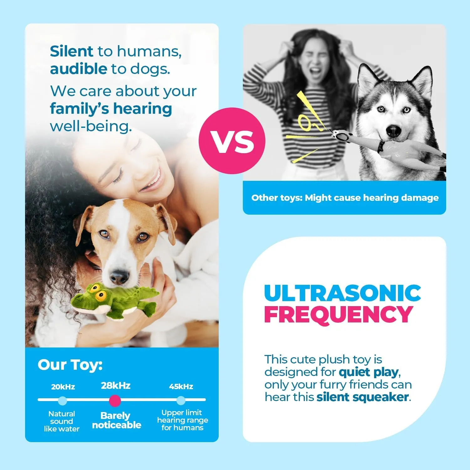 ALL FOR PAWS Ultrasonic Silent Squeaker Dog Toy, Quiet Puppy Toy Comfort Plush Toy Dog Cuddle Toys, Squeakerless Dog Toy with Cute Animal Designs, Ideal for Home and Office