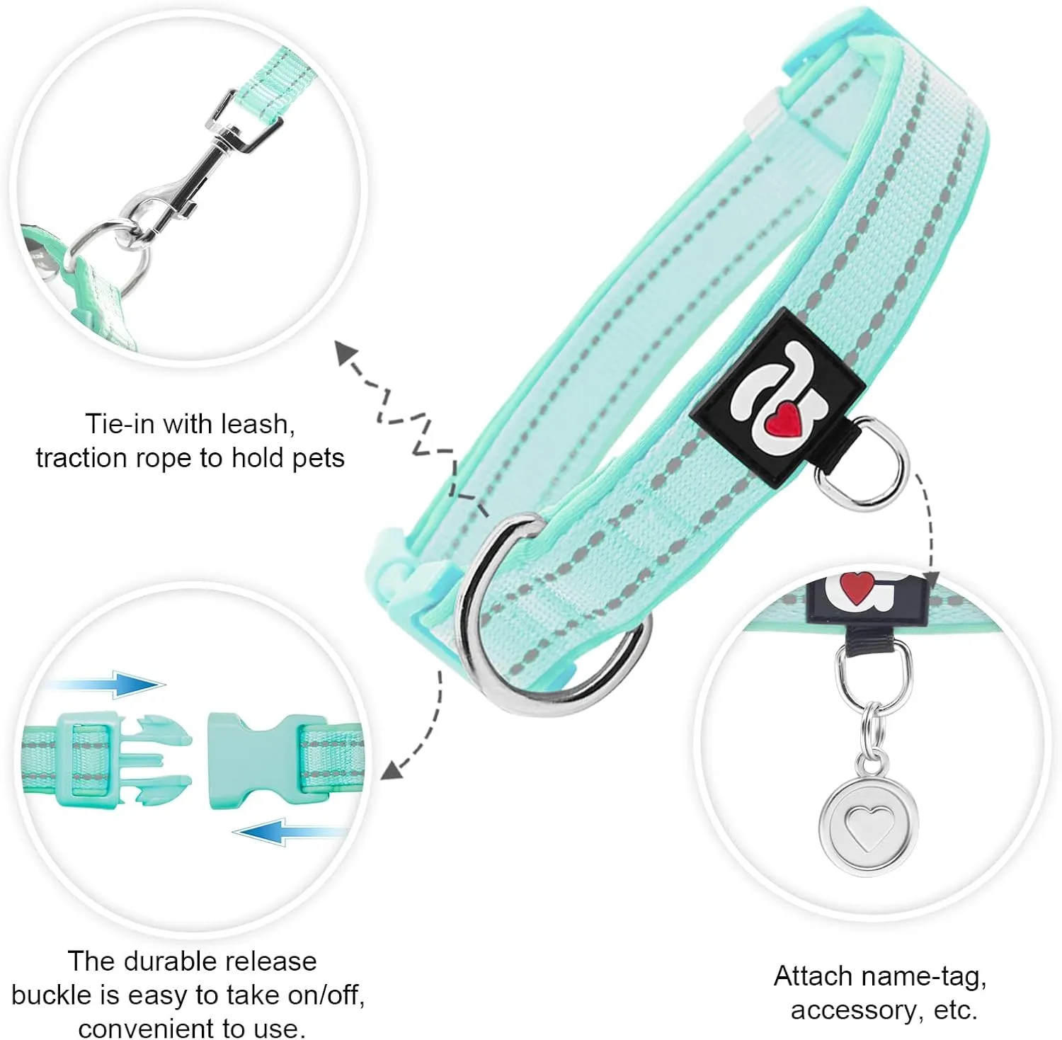 azuza 2 Pack Neoprene Padded Dog Collar for Small Dogs, Reflective Dog Collar with ID Tag Ring, Adjustable Safe and Comfy Dog Collars,Hot Pink/Teal,XS