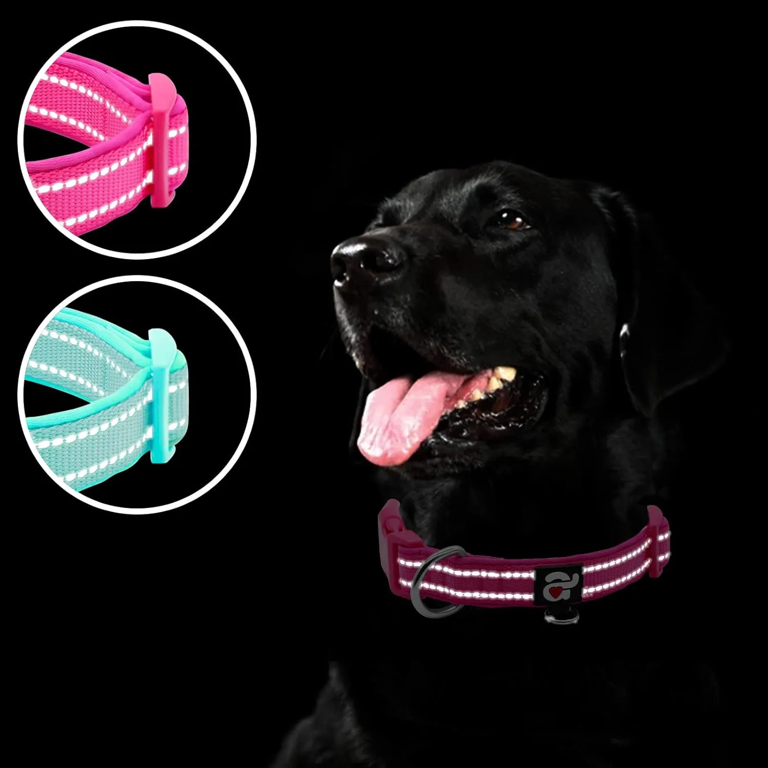 azuza 2 Pack Neoprene Padded Dog Collar for Small Dogs, Reflective Dog Collar with ID Tag Ring, Adjustable Safe and Comfy Dog Collars,Hot Pink/Teal,XS