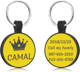 CAMAL Silicone Dog Tags and Cat Tags Personalized, Silent Dog Tags Personalized for Pets, Durable & No Noise, Engraved Dog ID Tag Up to 5 Lines of Custom Text on Both Sides, Round Shape (Yellow)