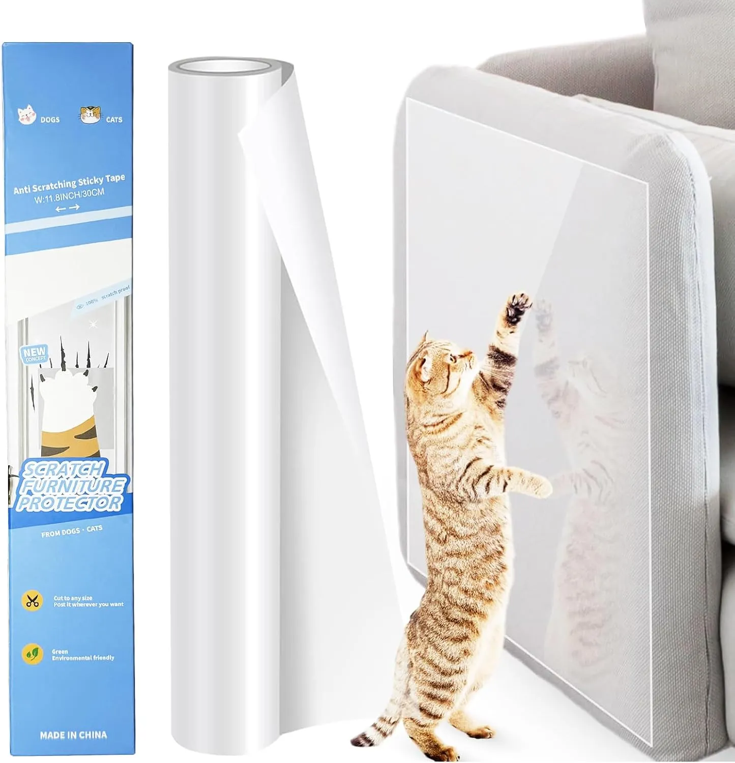 Cat Scratch Protector, Cat Scratcher, Self-Adhesive One-Sided Sofa Guard, Cat Scratcher, Suitable for Sofas, Doors, Transparent Sofa Protector, Cat Scratch Tape Shield (Transparent) (45x500cm)