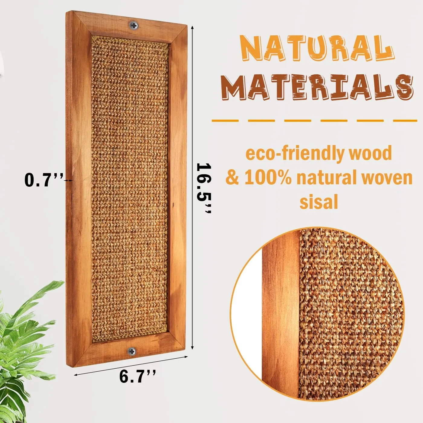 Cat Scratching Post - 2 PCS, Wooden Sisal Cat Wall Scratcher, Floor or Wall Mounted Vertical Cat Scratch Pad for Indoor Cats Adults or Kittens, Cat Wall Furniture Protector