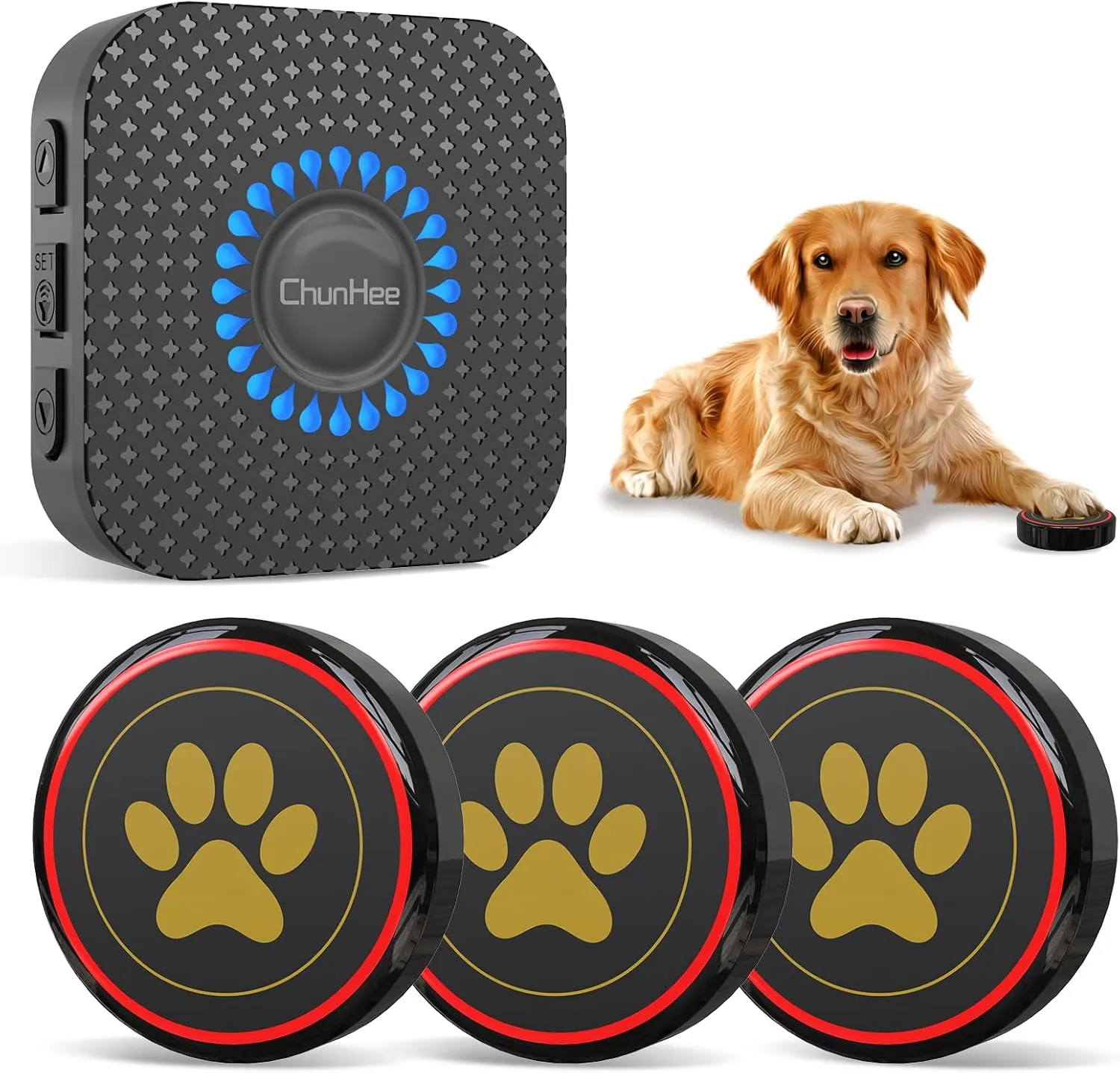 ChunHee Dog Door Bells, Smart Dog Doorbells for Dogs Potty Training to Ring to Go Outside Wireless, Dog Bells for Doggy to Go Potty Train with Adjustment Volume,1 Receivers & 3 Dog Buttons [New 2025]