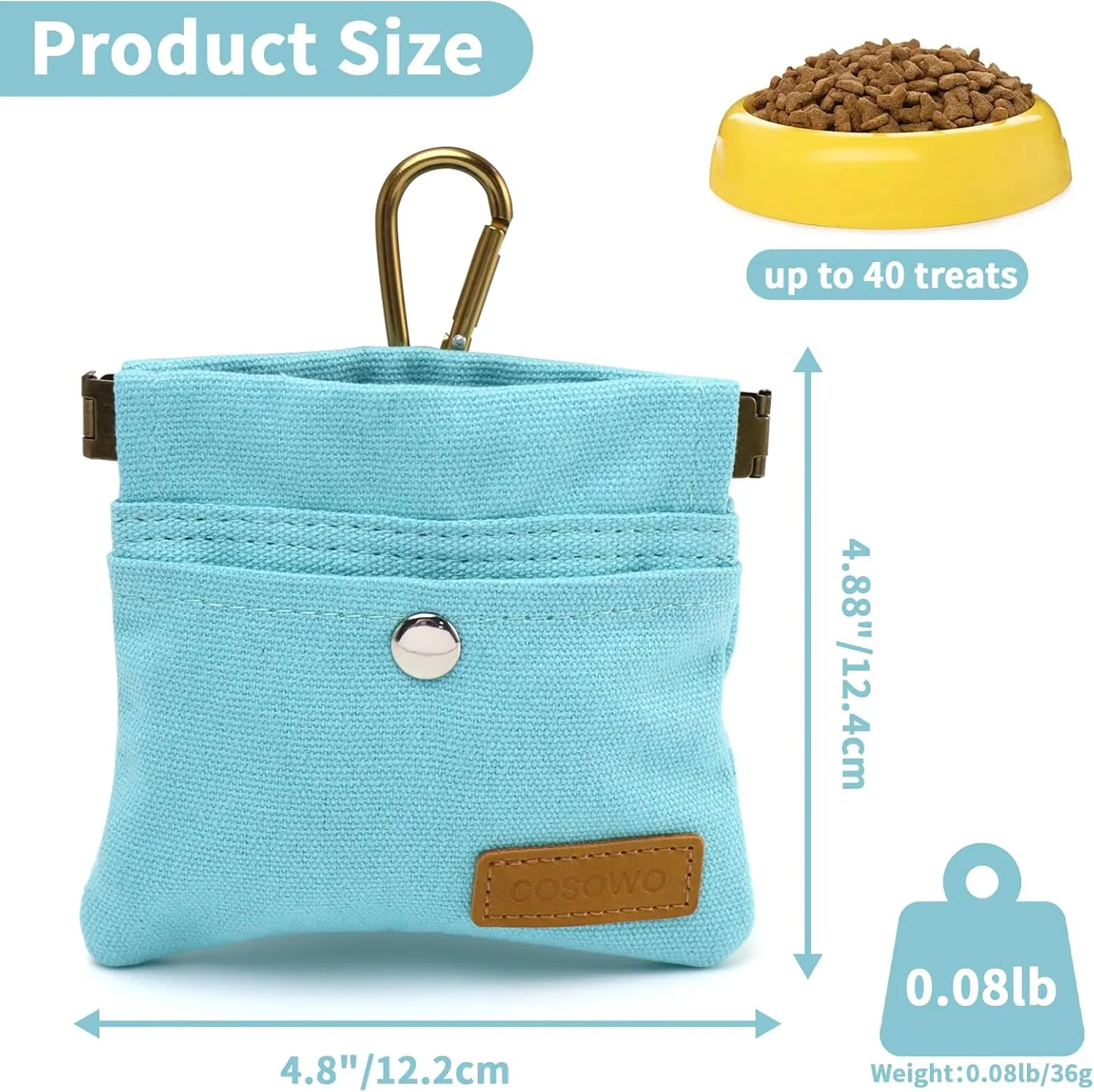 Dog Treat Pouch, Hand Free Dog Training Treat Bag with Carabiner & Magnetic Buckle, Auto Closing Dog Walking Bag for Puppy Travel or Outdoor Use, Pet Feed Snack Reward Pocket, Blue