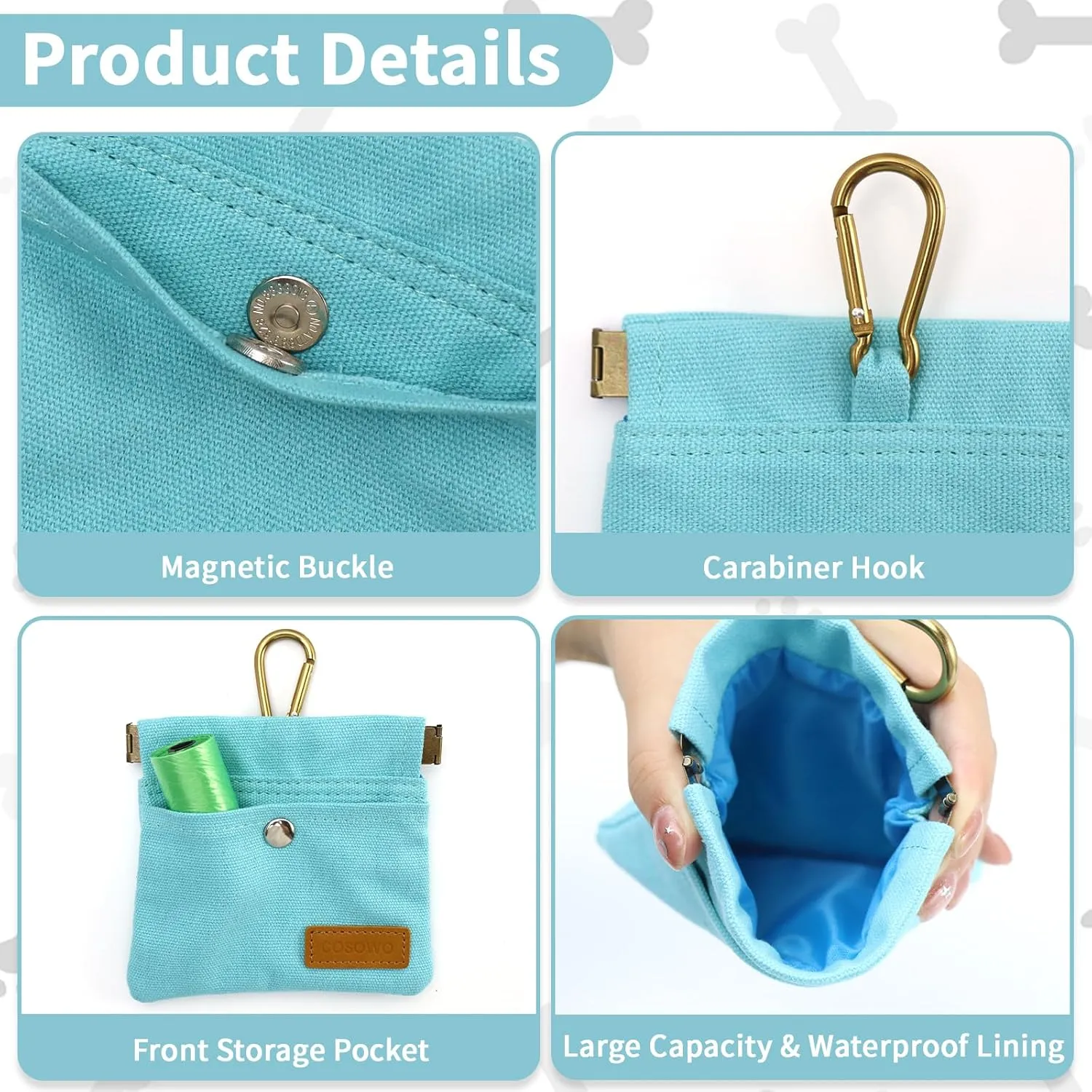 Dog Treat Pouch, Hand Free Dog Training Treat Bag with Carabiner & Magnetic Buckle, Auto Closing Dog Walking Bag for Puppy Travel or Outdoor Use, Pet Feed Snack Reward Pocket, Blue