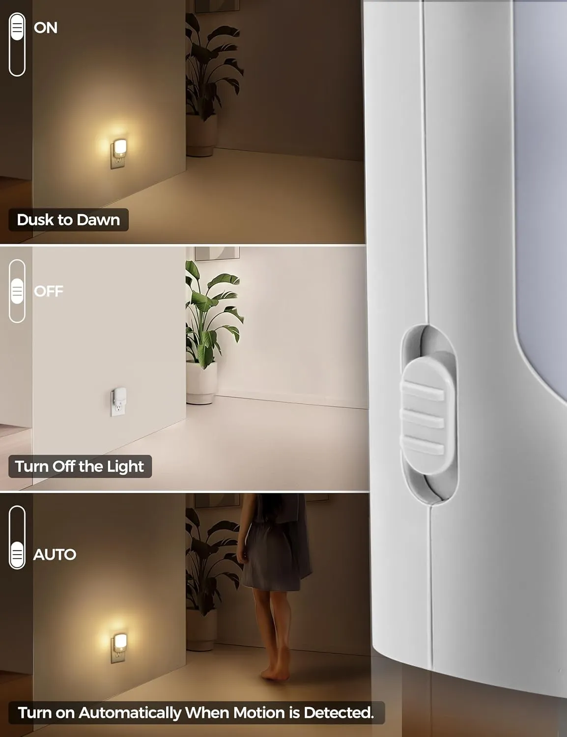 DORESshop Motion Sensor Dusk to Dawn Night Light, 2Pack Dimmable Plug in 30/60/100LM Soft White, 1W Night Lights for Bedroom, Kids Room, Bathroom