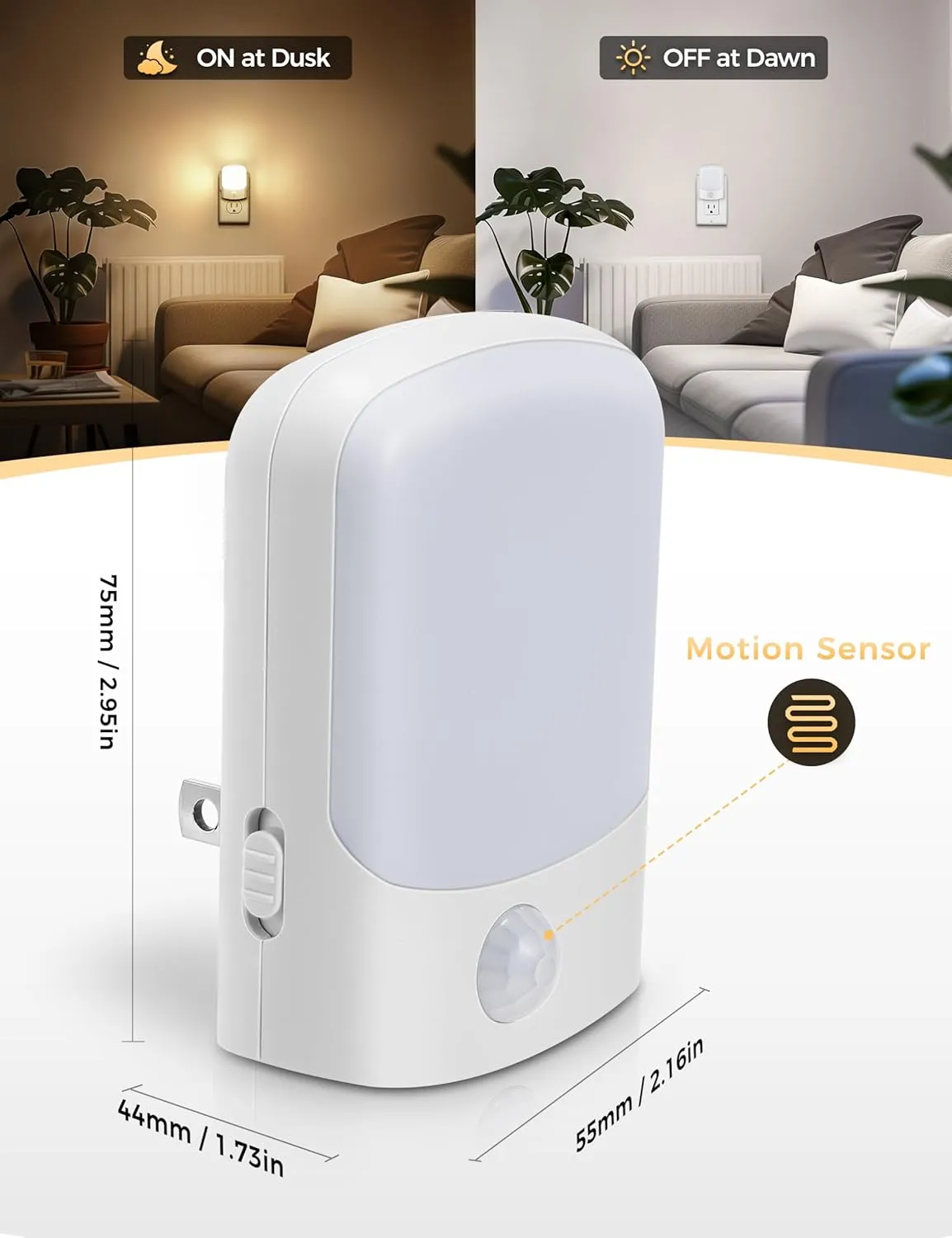 DORESshop Motion Sensor Dusk to Dawn Night Light, 2Pack Dimmable Plug in 30/60/100LM Soft White, 1W Night Lights for Bedroom, Kids Room, Bathroom