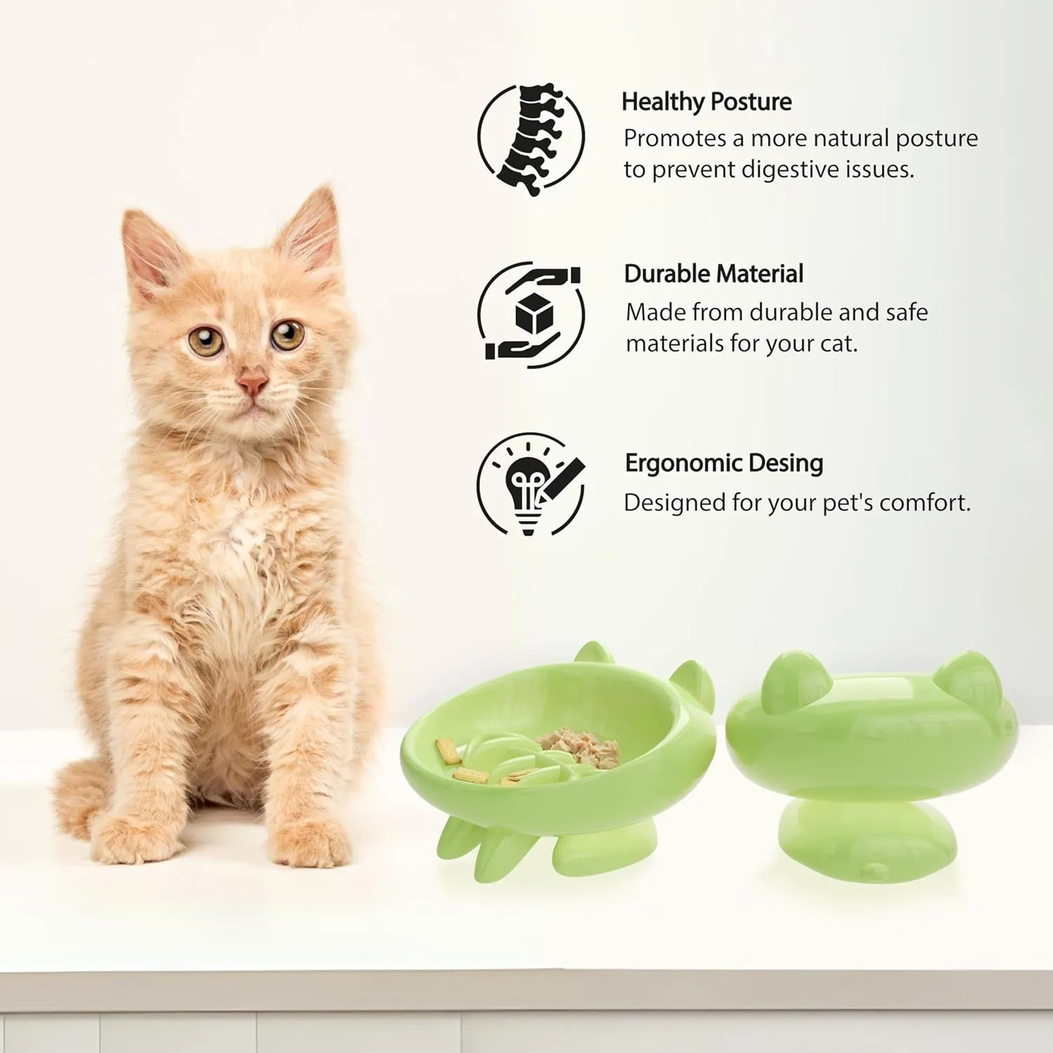 Elevated Slow Feeder Cat Bowls, Anti-Vomiting Cat Food Tilted Bowl with Non-Slip Mat, Whisker Friendly Food Dish Bowls are Custom-Designed for Senior Cats and Small Dogs (Green)