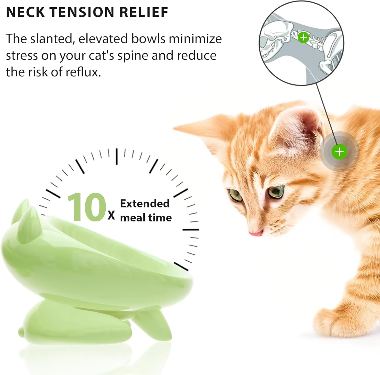 Elevated Slow Feeder Cat Bowls, Anti-Vomiting Cat Food Tilted Bowl with Non-Slip Mat, Whisker Friendly Food Dish Bowls are Custom-Designed for Senior Cats and Small Dogs (Green)