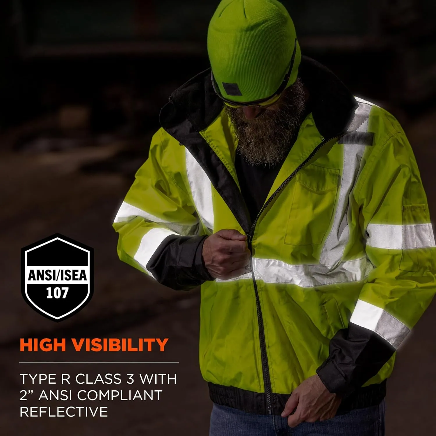 Ergodyne Unisex-Adult 2-in-1 Hi Vis Winter Bomber Jacket, Lime, 5X-Large US