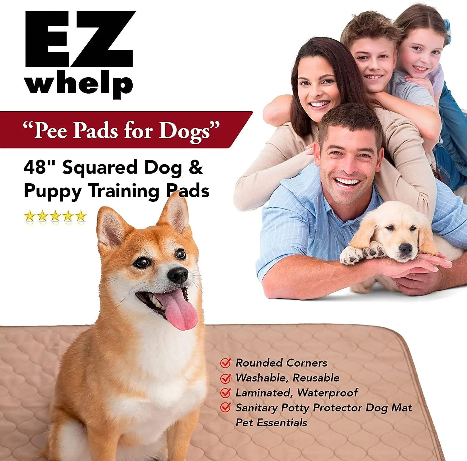 EZwhelp Reusable Dog Pee Pads - Waterproof Training Pads for Dogs - Washable & Sanitary - Rounded Corners - Laminated, Lightweight, Durable - Pet Essentials for Puppy Training and Whelping - 41" x 41"
