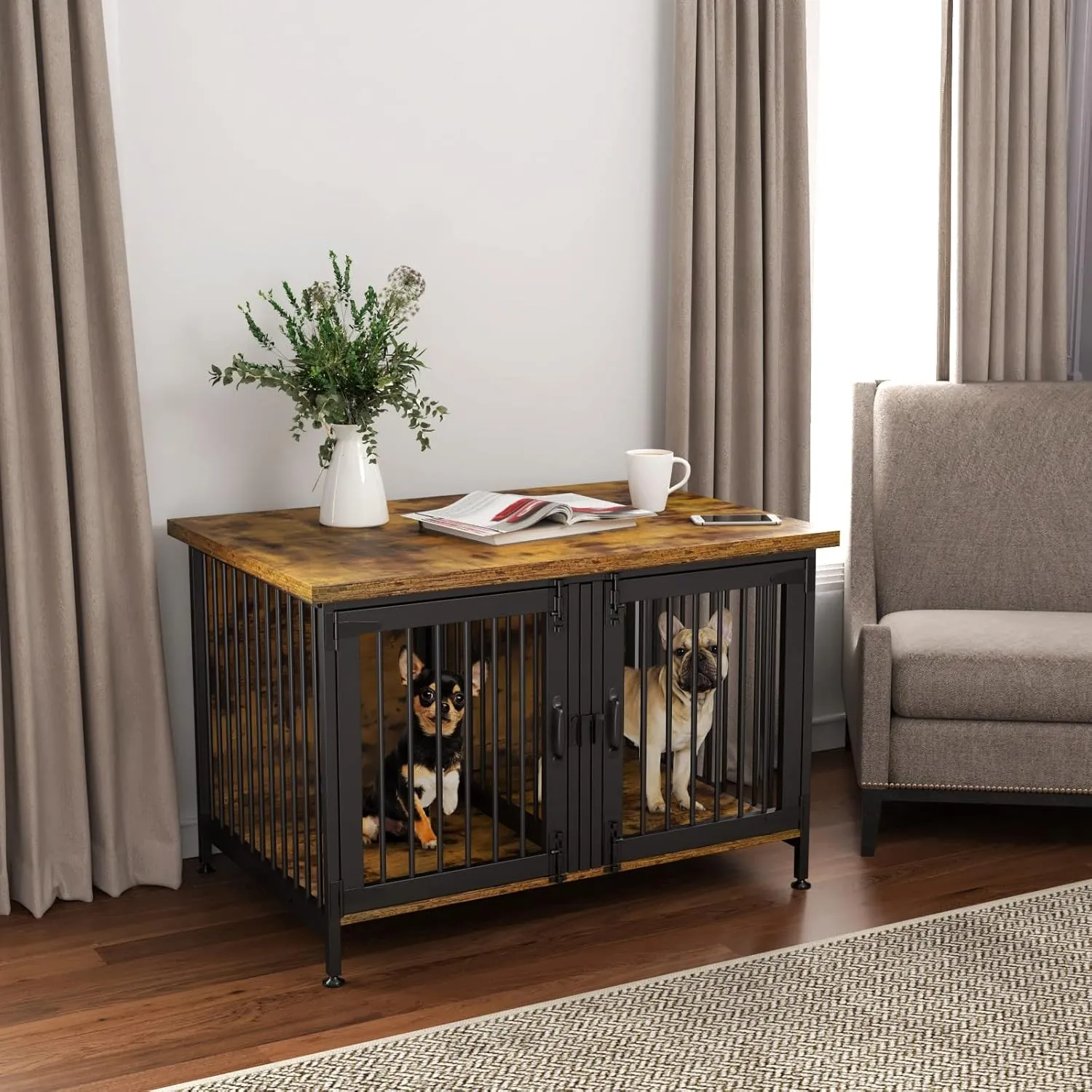 GDLF Double Dog Crate with Divider for 2 Small or 1 Dog, Furniture Style Kennel Indoor Cage with Removable Panel (Int.dims:36.2Wx24.5Dx21H)