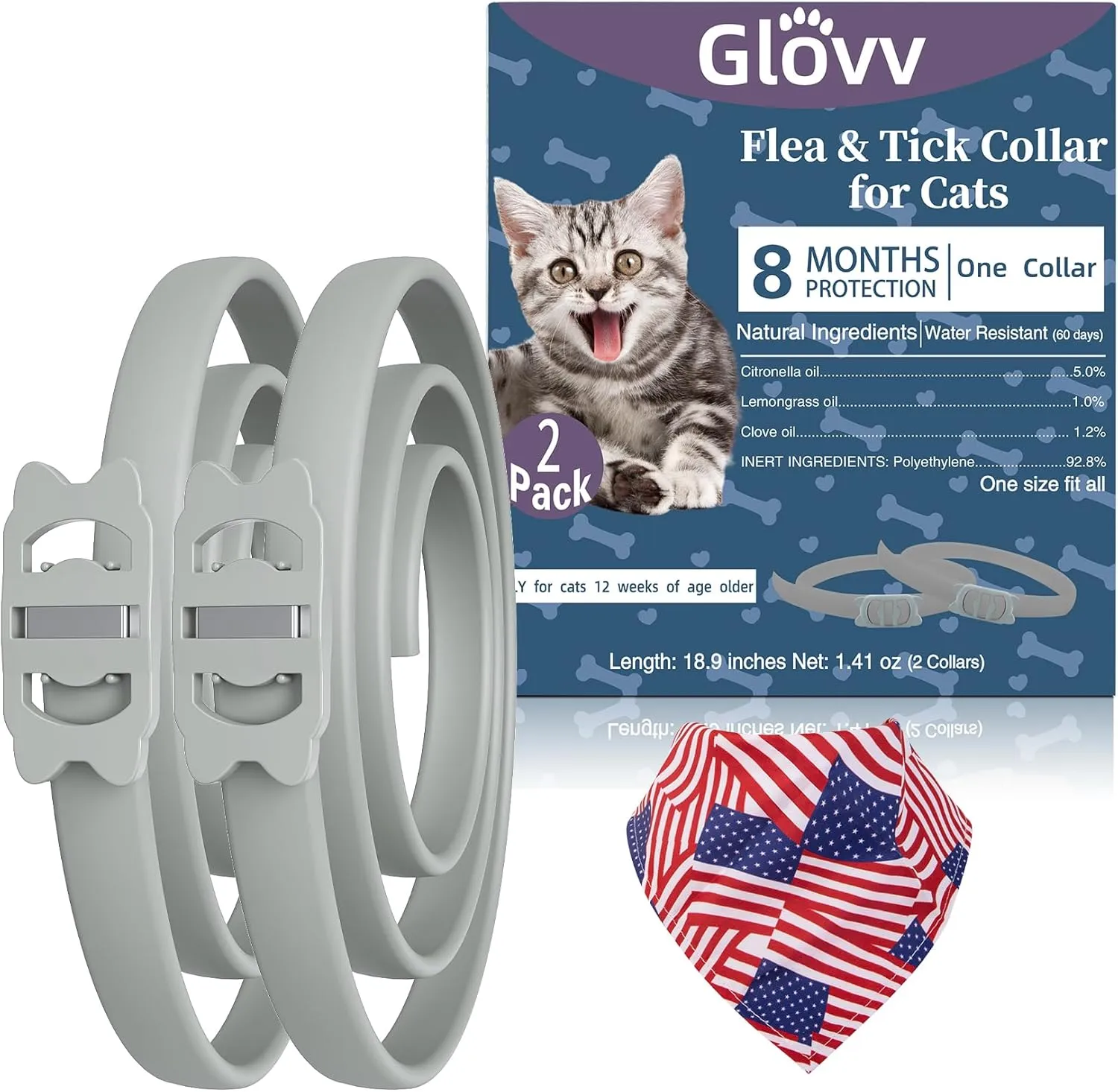Glovv Flea and Tick Prevention Collar for Cats, 16 Months Natural Collars, Effective Cat Flea and Tick Treatment, Waterproof Adjustable Large & Small Cat Flea Tick Control for Kittens 2 Pack