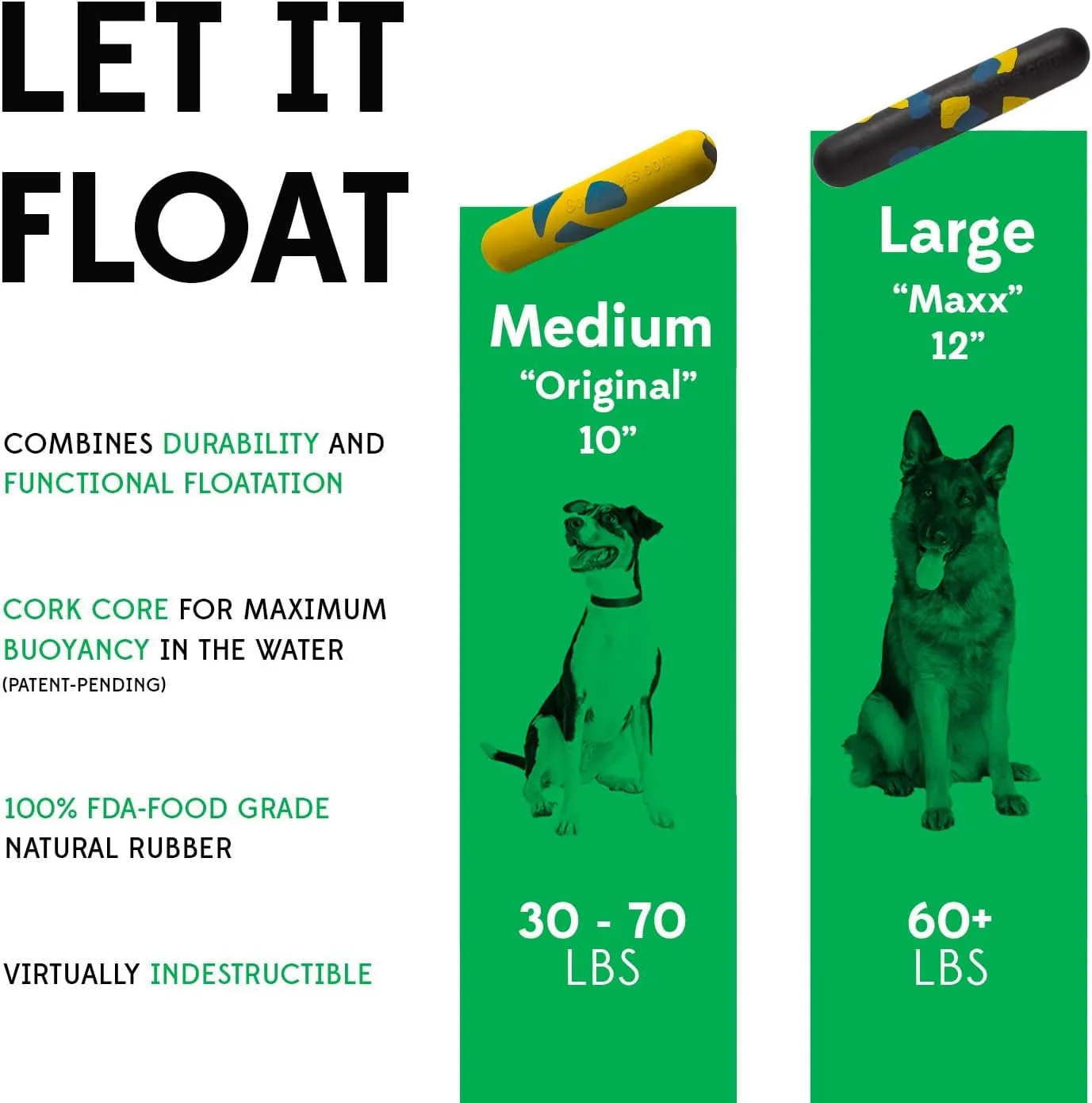 Goughnuts Large Water Stick  Floating Dog Toys for Water Fetch, Interactive Heavy Duty Dog Pool Toy for Aggressive Chewers, Big and Large Dogs 60  lbs, Natural Reinforced Rubber Float, USA Made