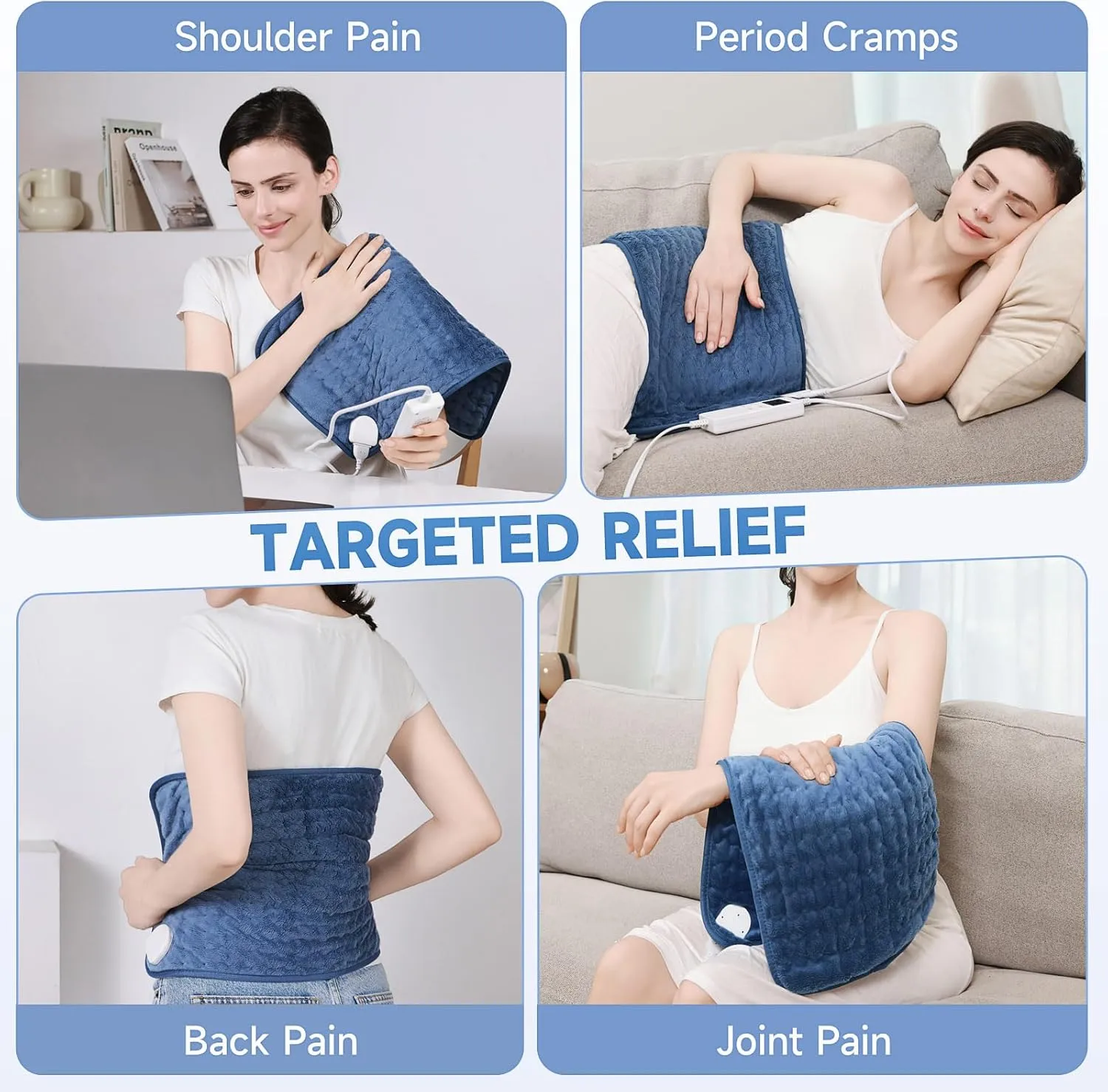 Heating Pad for Back, Heating Pad for Period Cramps with 6 Heat Settings & Timer, Portable Electric Heating Pads for Neck and Shoulders, Christmas Gifts for Women, Men, Blue