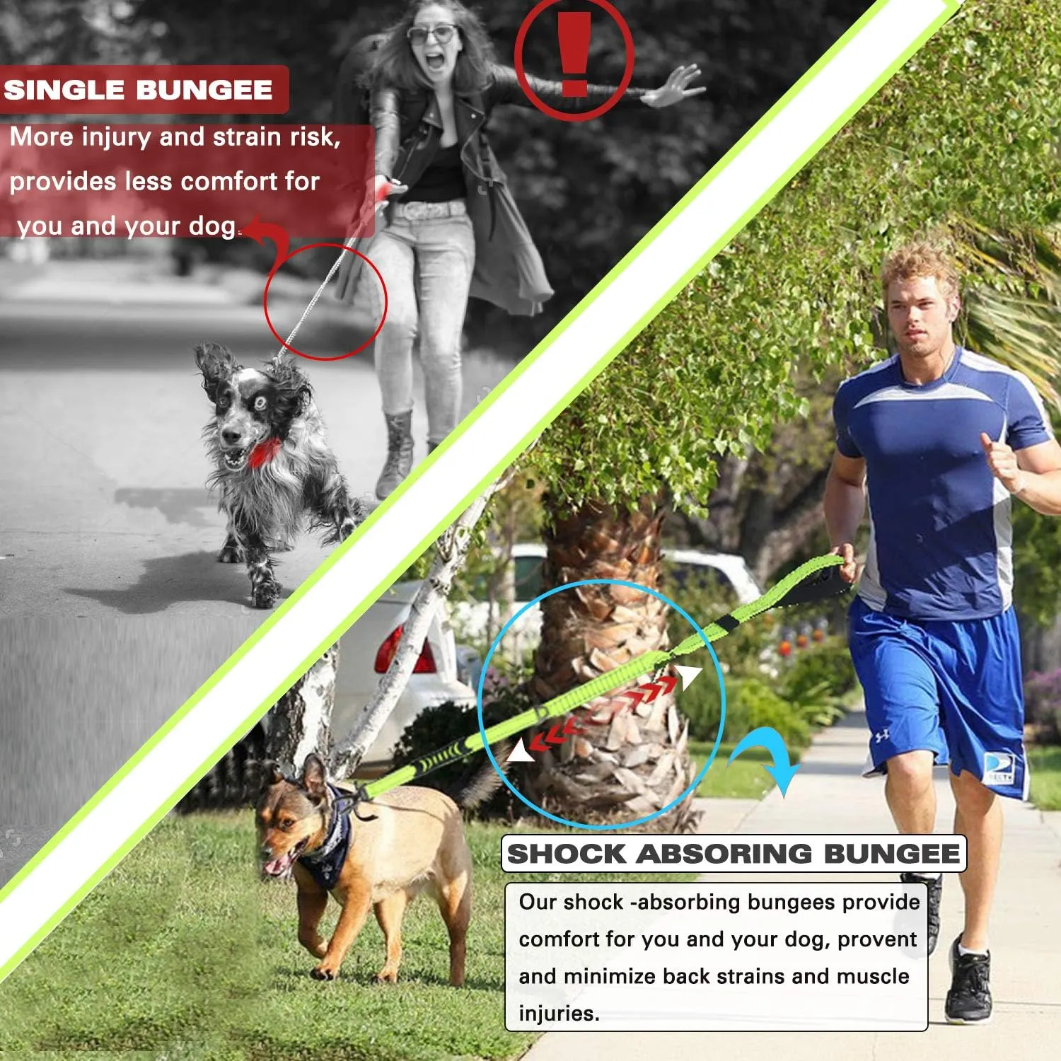 Heavy Duty Dog Leash Especially for Large Dogs Up to 150lbs, 4 Ft Reflective Dog Walking Training Shock Absorbing Bungee Leash with Car Seat Belt Buckle, 2 Padded Traffic Handle for Extra Control
