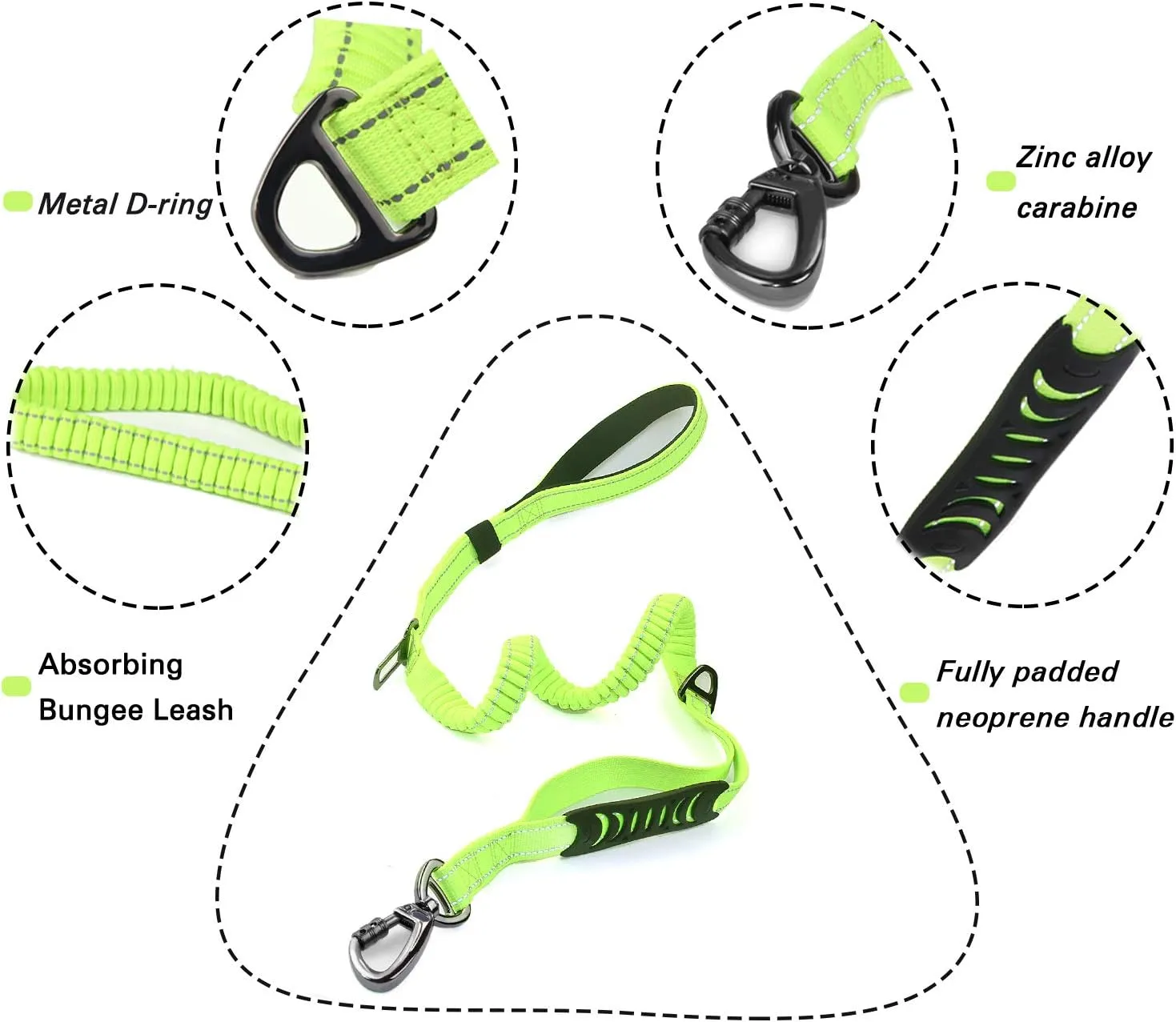 Heavy Duty Dog Leash Especially for Large Dogs Up to 150lbs, 4 Ft Reflective Dog Walking Training Shock Absorbing Bungee Leash with Car Seat Belt Buckle, 2 Padded Traffic Handle for Extra Control