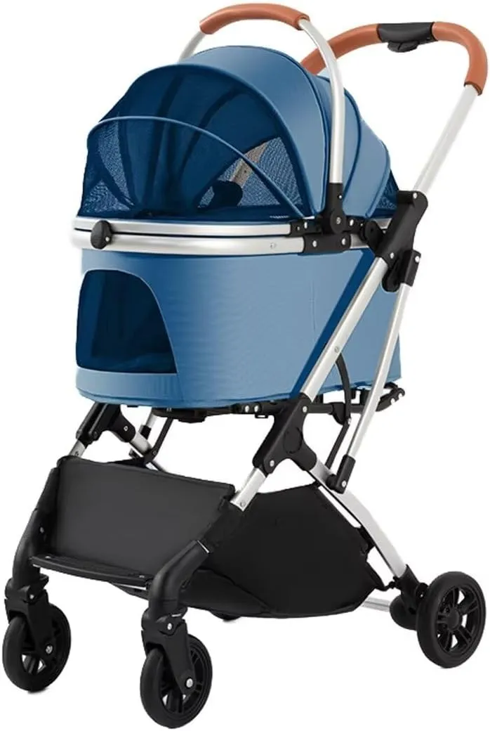 High-view pet stroller for go out,foldable aluminum alloy frame,detachable carrier cabin bag,4 wheels pet pram trolley for dogs and cats,shock absorber swivel front wheel