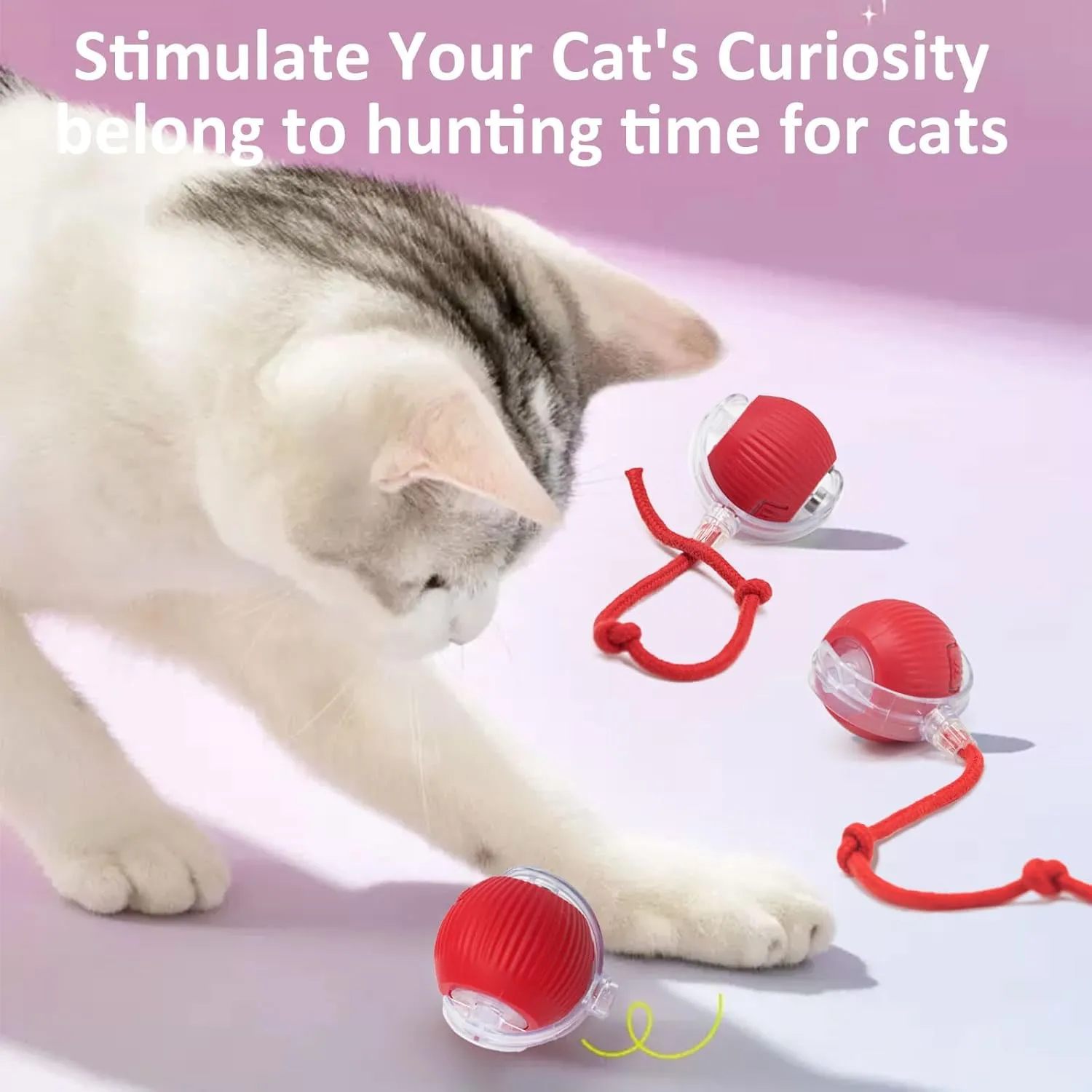 Interactive Cat Toys for Indoor Cats, 360 Smart Automatic Kitten Toys Self Rolling Pet Ball, Moving Dog Cat Ball with Mesh Tail for Bored, USB Rechargeable (Red)