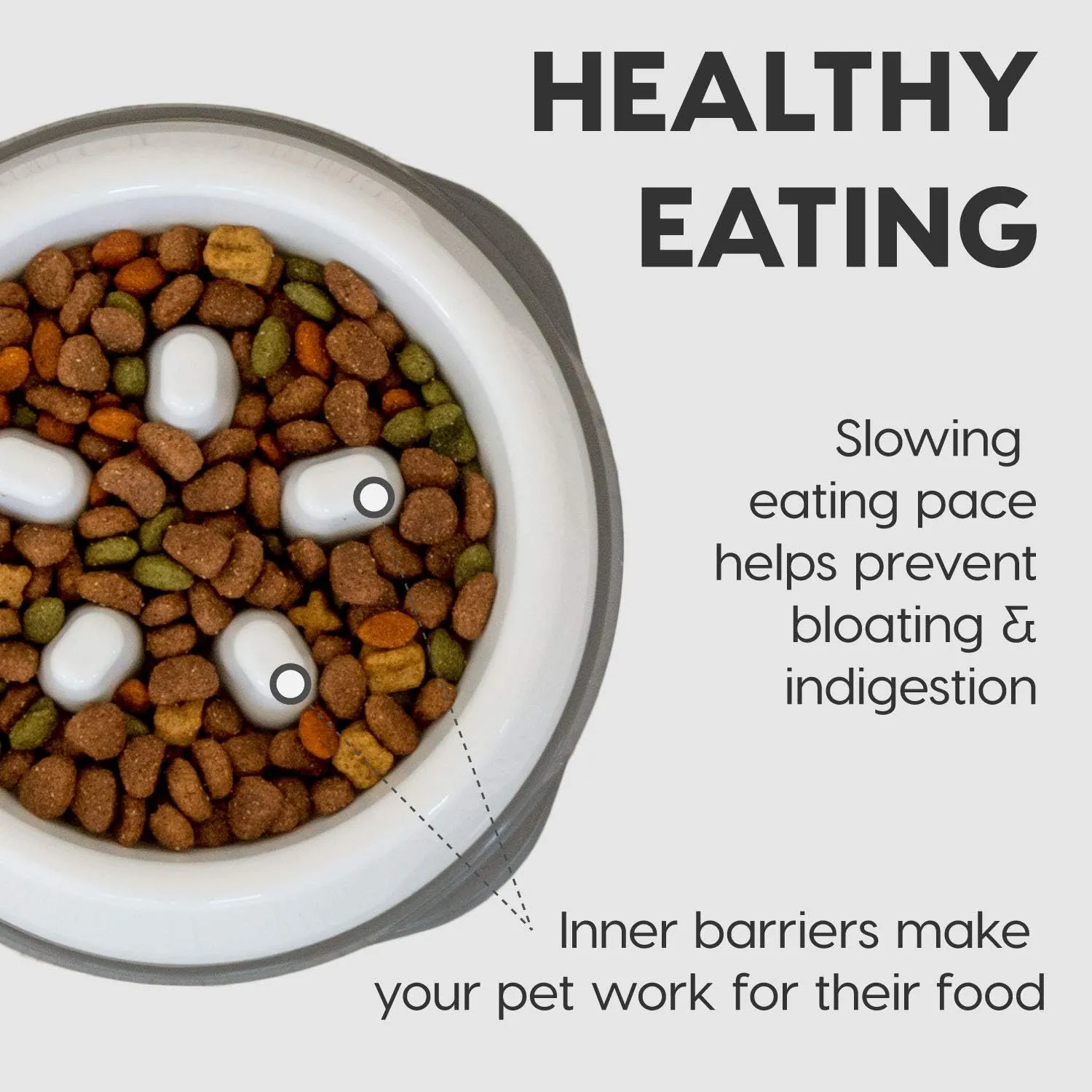IRIS USA 2 Cup Slow Feeder Dog Bowl for Short Snouted Pets, White/Gray
