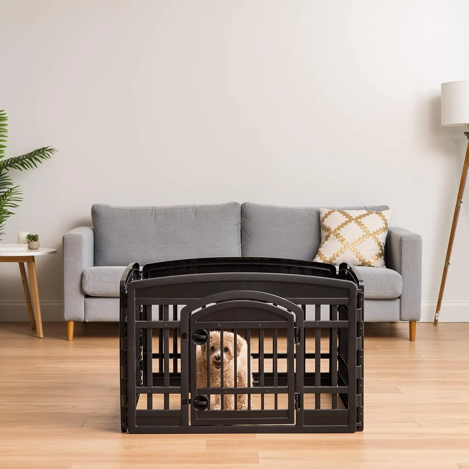 IRIS USA 24" Exercise 4-Panel Pet Playpen with Door and Square Training Pad Holder Set, Dog Playpen & Potty Pad Holder for Puppies and Small Dogs, Easy Assemble, Easy Storing, Floor Protection, Black