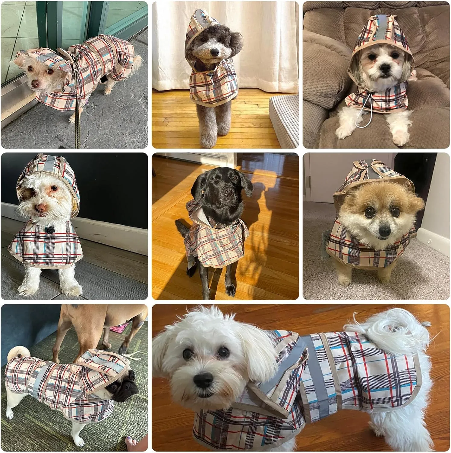 KOOLTAIL Dog Raincoat Hooded Slicker Poncho with Leash Hole, Christmas Red Plaid Raincoat for Small Medium Dogs, Waterproof Dog Rain Jacket with Reflective Strip, Adjustable Breathable Puppy Rainwear