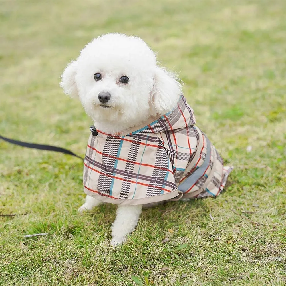 KOOLTAIL Dog Raincoat Hooded Slicker Poncho with Leash Hole, Raincoat for Small Medium Dogs, Waterproof Doggie Rain Jacket with Reflective Strip, Adjustable Breathable Plaid Puppy Rainwear-Beige