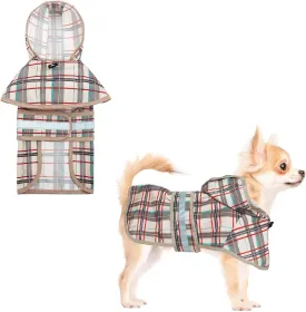 KOOLTAIL Dog Raincoat Hooded Slicker Poncho with Leash Hole, Raincoat for Small Medium Dogs, Waterproof Doggie Rain Jacket with Reflective Strip, Adjustable Breathable Plaid Puppy Rainwear-Beige