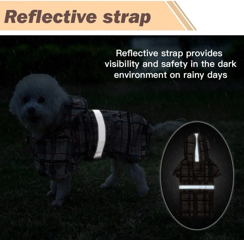 KOOLTAIL Dog Raincoat Hooded Slicker Poncho with Leash Hole, Raincoat for Small Medium Dogs, Waterproof Doggie Rain Jacket with Reflective Strip, Adjustable Breathable Plaid Puppy Rainwear-Beige