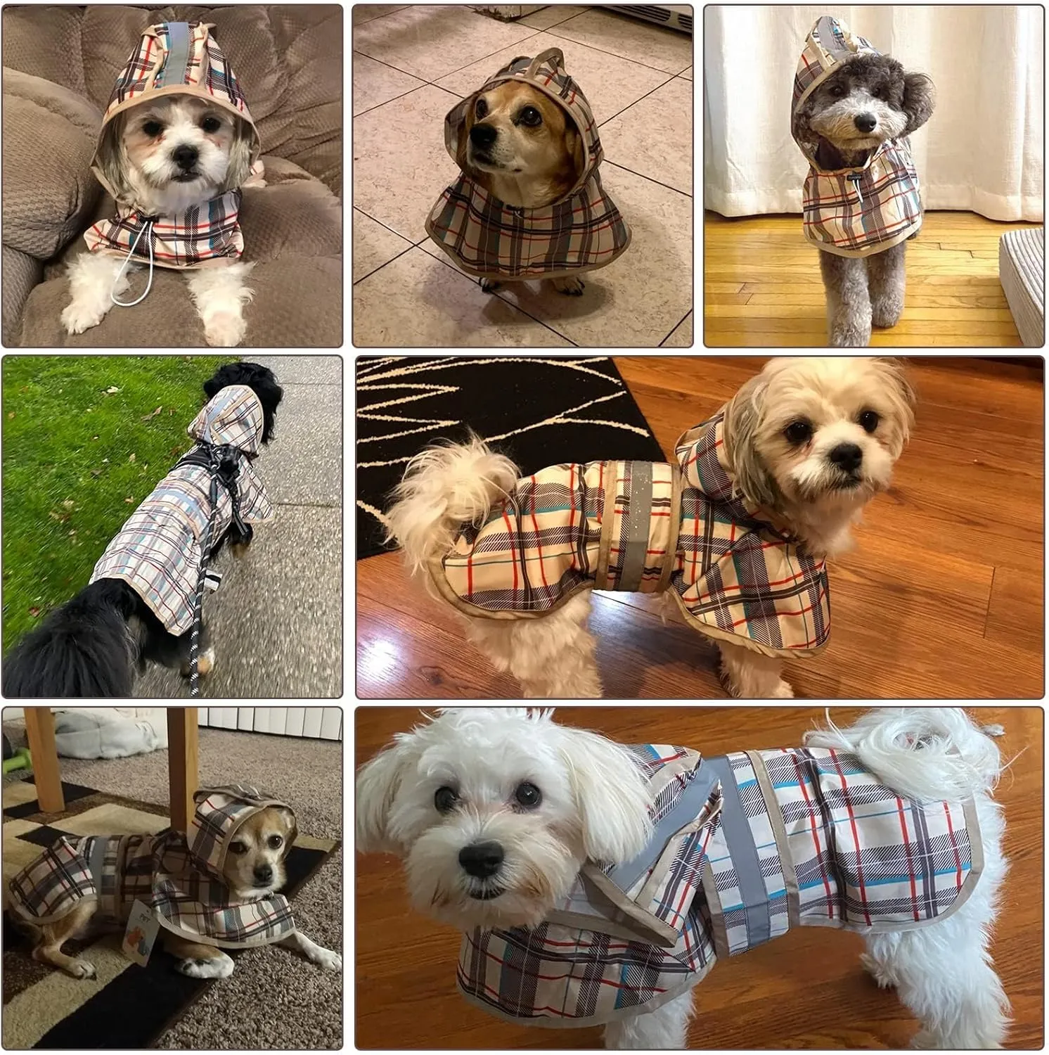 KOOLTAIL Dog Raincoat Hooded Slicker Poncho with Leash Hole, Raincoat for Small Medium Dogs, Waterproof Doggie Rain Jacket with Reflective Strip, Adjustable Breathable Plaid Puppy Rainwear-Beige