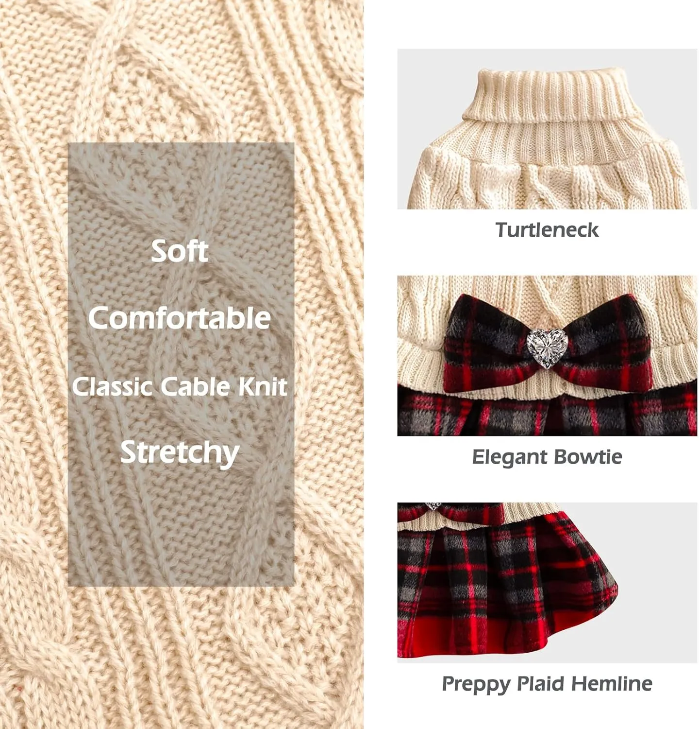 KYEESE Dog Sweaters Turtleneck Dog Sweater for Medium Large Dog Knitwear Sweater with Bowtie Warm Dogs Sweater Dress Pet Clothes Dogs Coats Pet Sweater Beige
