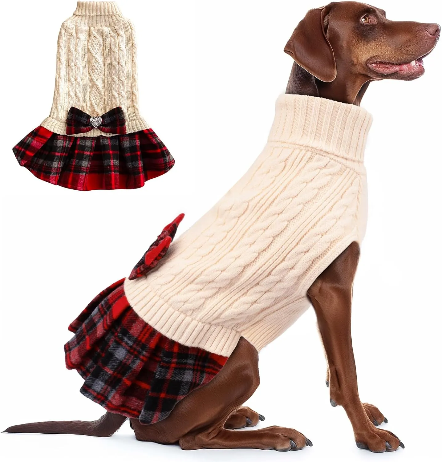 KYEESE Dog Sweaters Turtleneck Dog Sweater for Medium Large Dog Knitwear Sweater with Bowtie Warm Dogs Sweater Dress Pet Clothes Dogs Coats Pet Sweater Beige