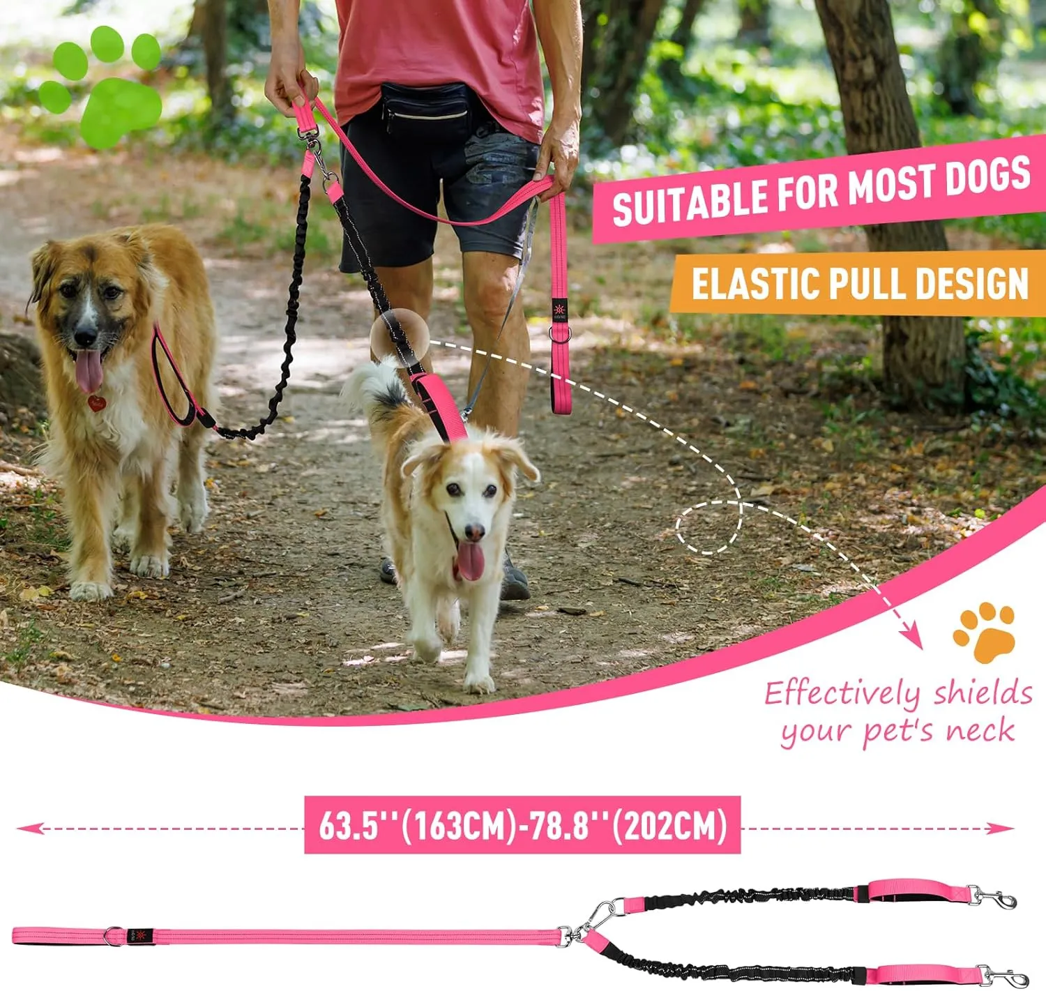 LED Double Dog Leash, 360 Swivel Dual Dog Walking Leash, Comfortable Shock Absorbing Lead for Dog, Reflective Removable Bungee for Two Dogs