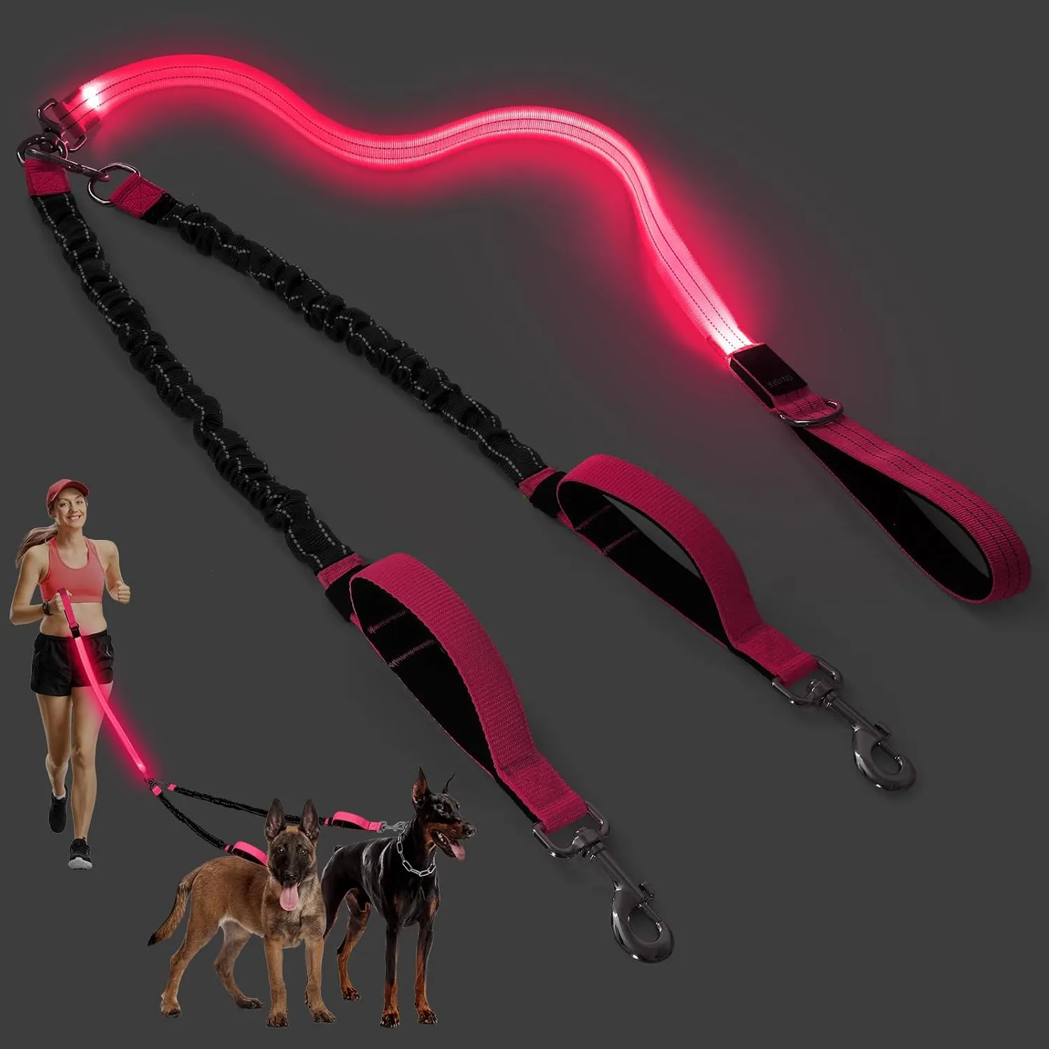 LED Double Dog Leash, 360 Swivel Dual Dog Walking Leash, Comfortable Shock Absorbing Lead for Dog, Reflective Removable Bungee for Two Dogs
