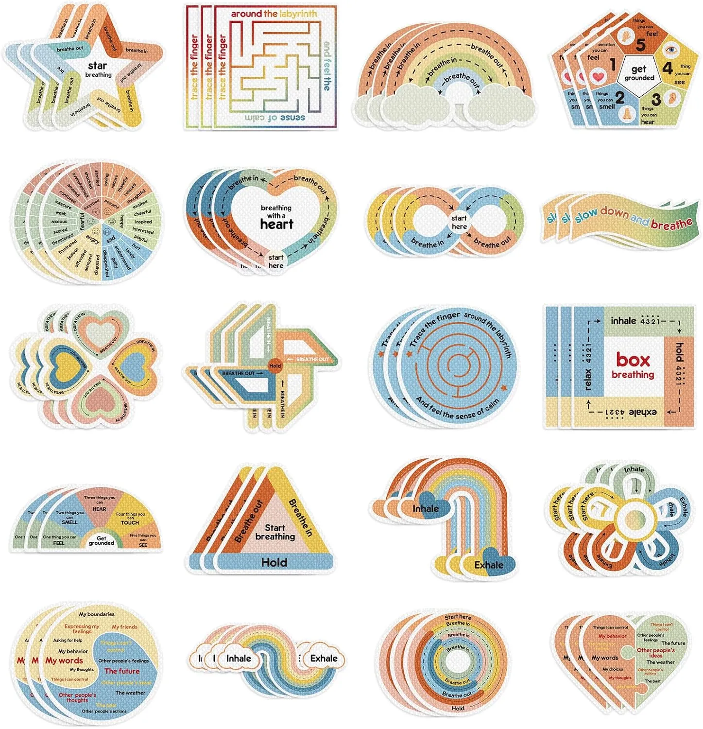 Libima 180 Pcs Anxiety Sensory Stickers Reusable Anxiety Textured Stickers Mindfulness Decals Fidget Calming Breathing Labels Sensory Relief Items(Retro Colors)