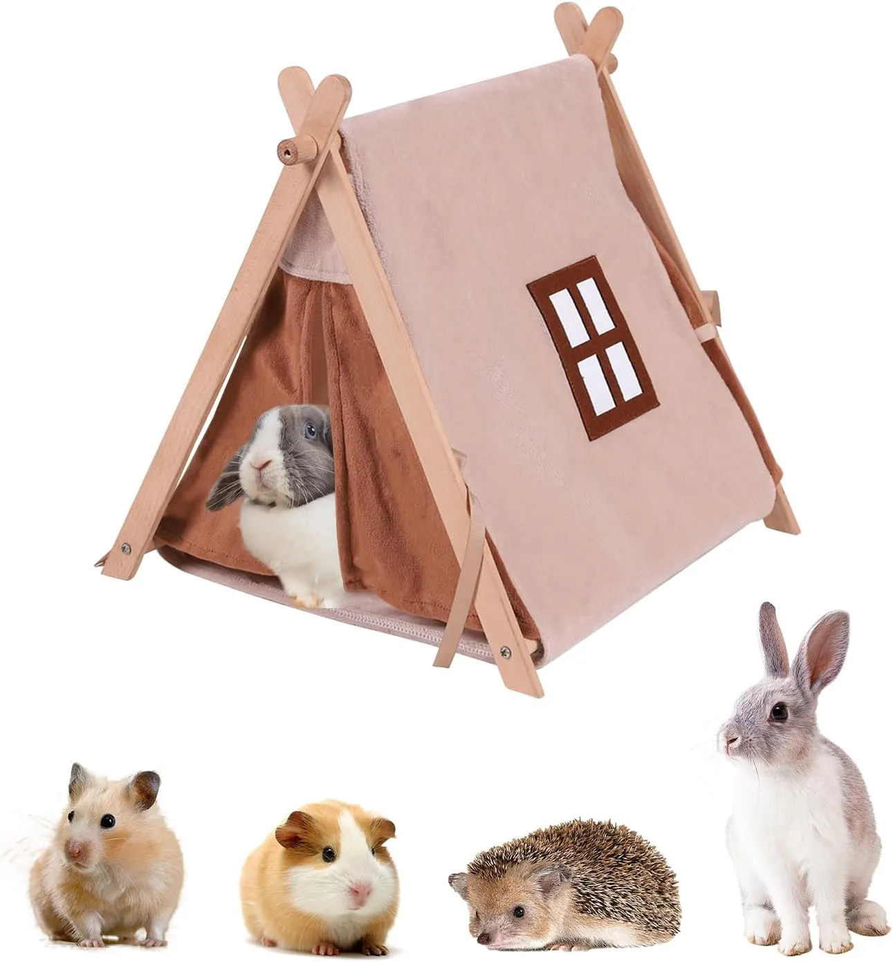 Rabbit Bed Bunny Hideout,Guinea Pig hut with Windows Indoor Triangle Hedgehog Tent House Sturdy Wood Durable Hamster Beds Washable Small Pet Hideouts for Rabbit Rat Ferret Chinchilla (Brown)