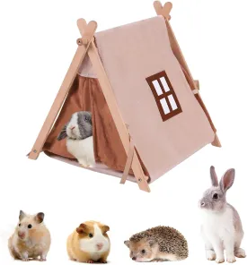 Rabbit Bed Bunny Hideout,Guinea Pig hut with Windows Indoor Triangle Hedgehog Tent House Sturdy Wood Durable Hamster Beds Washable Small Pet Hideouts for Rabbit Rat Ferret Chinchilla (Brown)