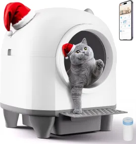Self Cleaning Litter Box, 80L Automatic Cat Litter Box Self Cleaning with APP Control, Odor Control, Multi-Cat Compatible, Includes 1 Roll Garbage Bags, aWhite Without Mat