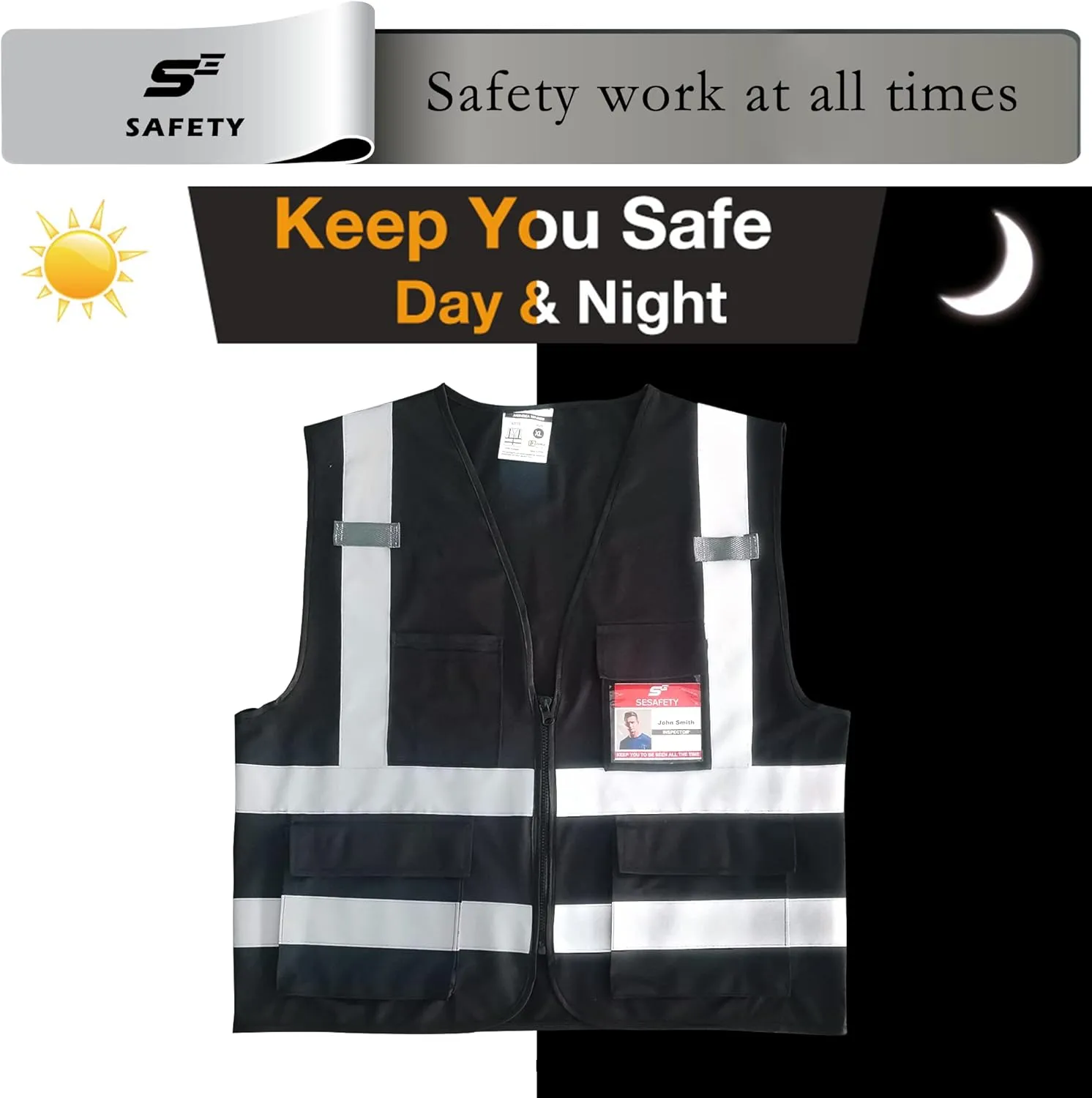 sesafety Reflective Safety Vest with Pockets and Zipper, High Visibility Construction Vest, Hi Vis Vest, Black, 2XL