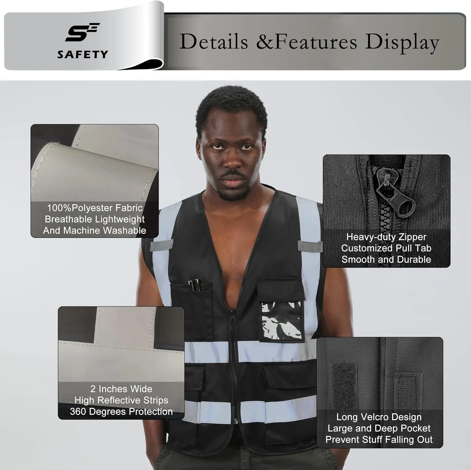 sesafety Reflective Safety Vest with Pockets and Zipper, High Visibility Construction Vest, Hi Vis Vest, Black, 2XL