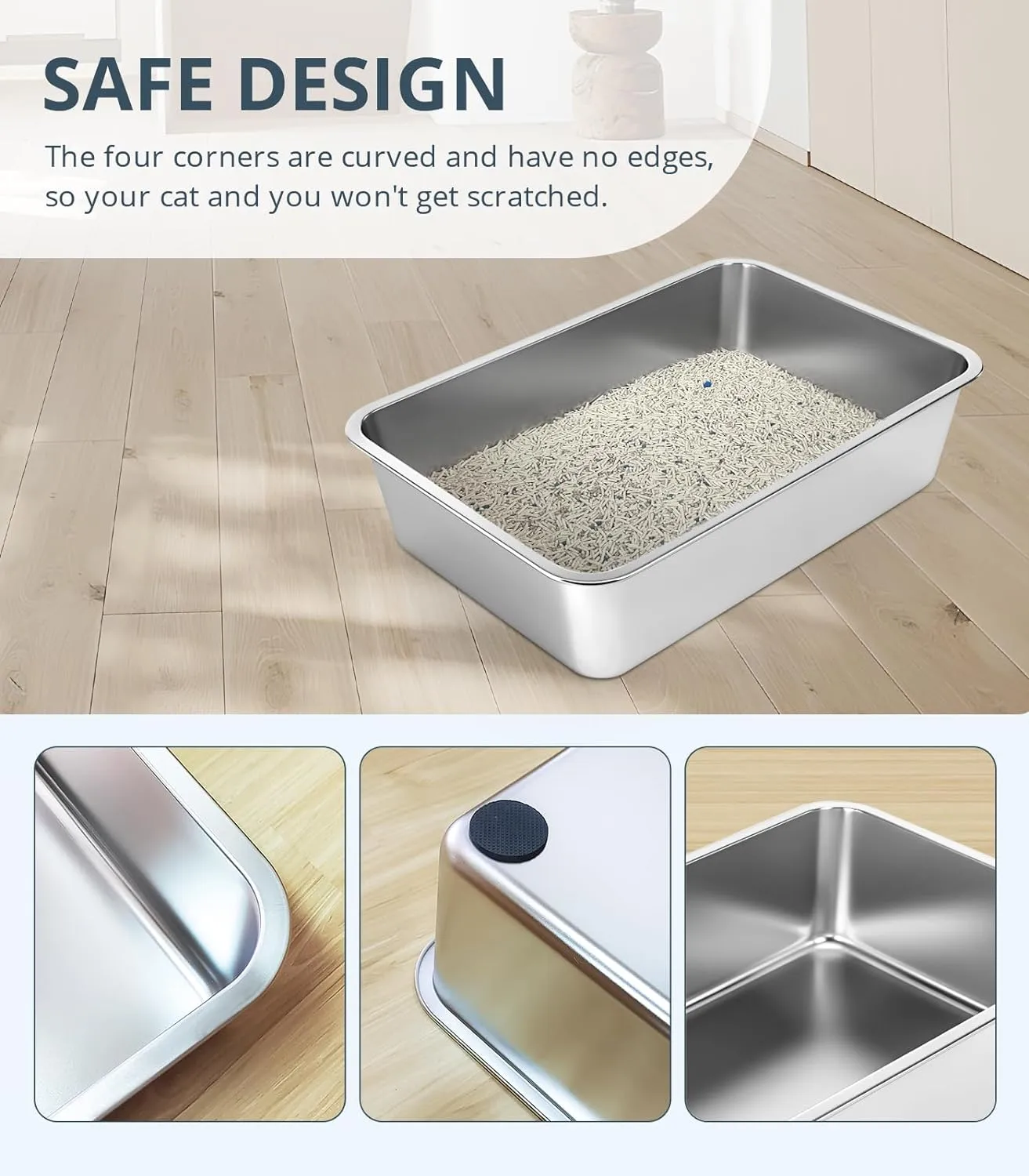 Stainless Steel Cat Litter Box, 4in Shallow Litter Box for Senior Cats and Kittens, Extra Large Metal Litter Pan Nonstick Odor Control Anti-Corrosion