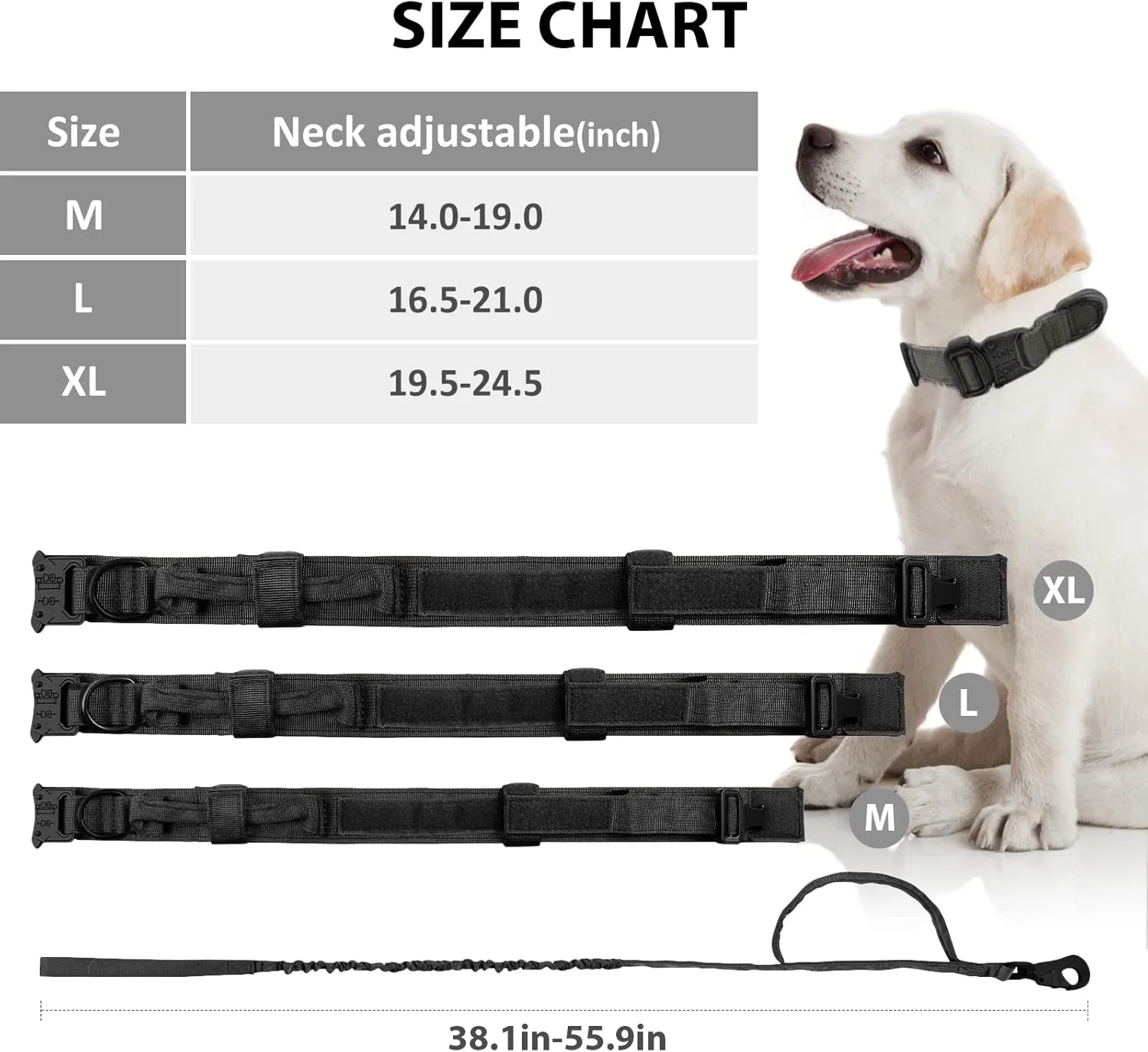 Tactical Dog Collar and Leash Set Adjustable Military Heavy Duty Dog Collar with Handle and Metal Buckle for Medium and Large Dogs (XL, Black)