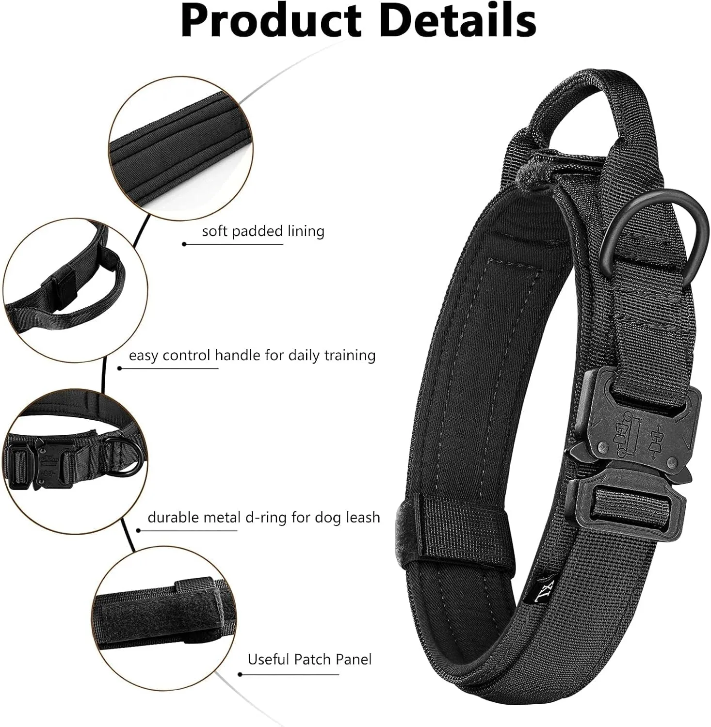 Tactical Dog Collar and Leash Set Adjustable Military Heavy Duty Dog Collar with Handle and Metal Buckle for Medium and Large Dogs (XL, Black)