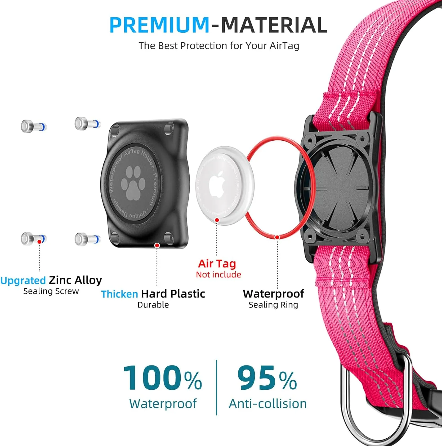 Upgraded AirTag Dog Collar, IP68 Waterproof Air Tag Dog Collar Holder, Reflective, Ultra-Durable, Comfortable Padded, Heavy Duty Dog Collars for Small Medium Large Dogs (XS (10.25"-13"), Hotpink)