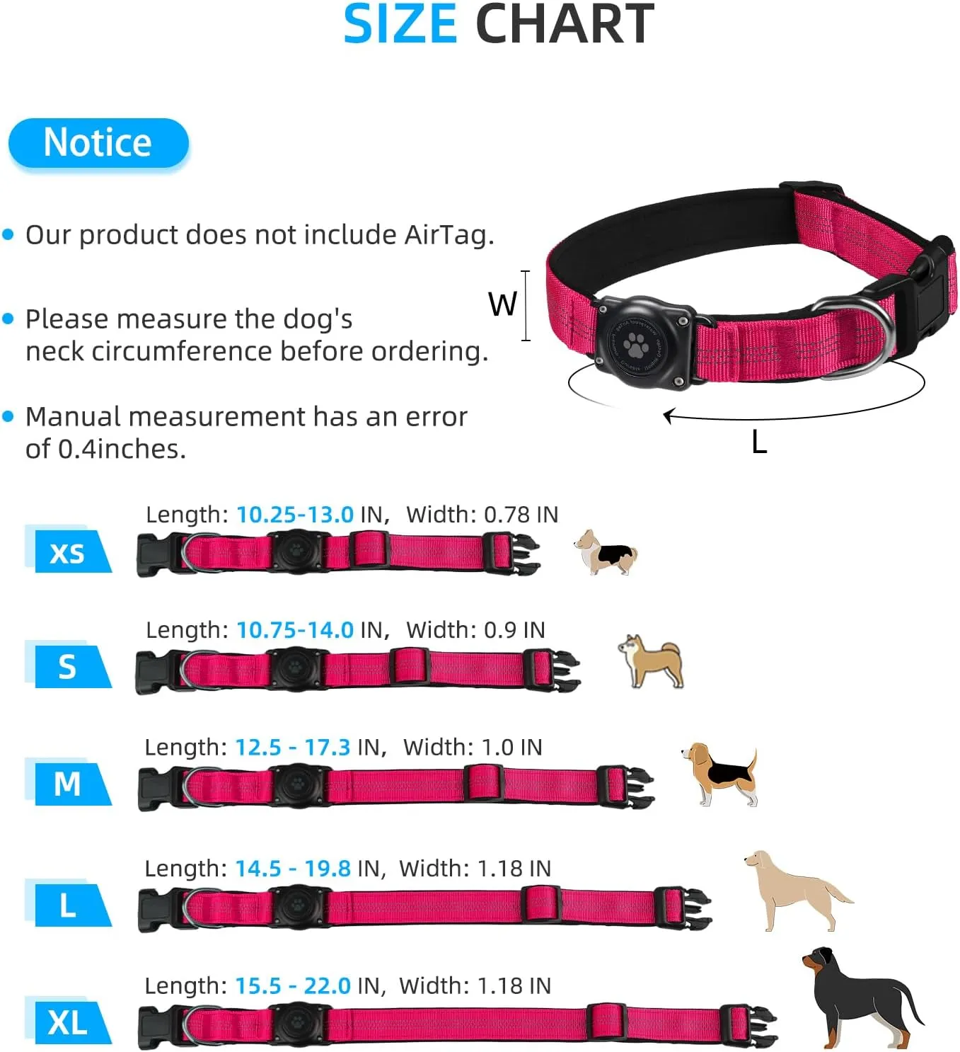 Upgraded AirTag Dog Collar, IP68 Waterproof Air Tag Dog Collar Holder, Reflective, Ultra-Durable, Comfortable Padded, Heavy Duty Dog Collars for Small Medium Large Dogs (XS (10.25"-13"), Hotpink)