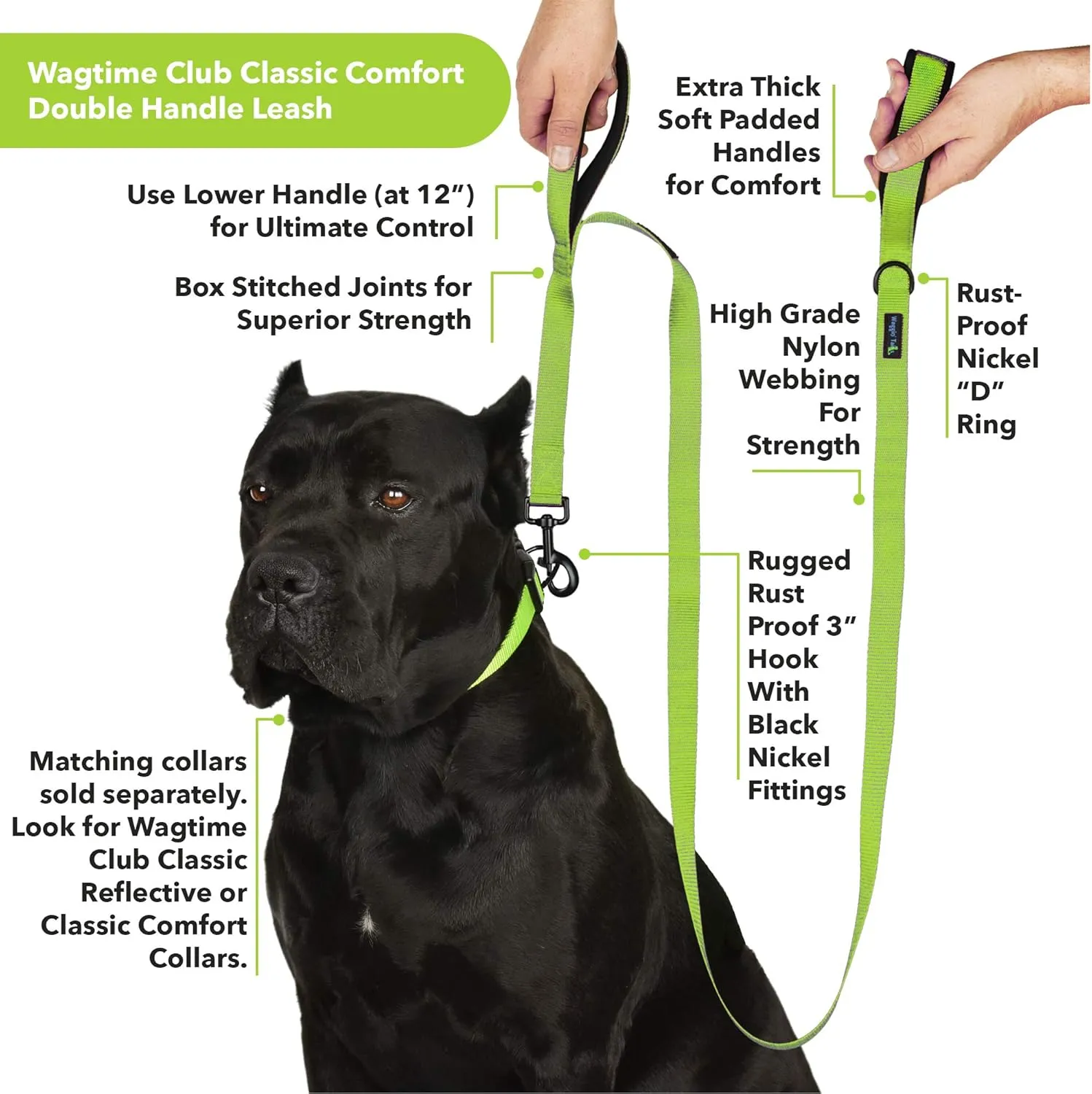 Wagtime Club Soft &Thick Dual Handle 6FT Dog Leash, Premium Nylon Double Padded Handles for Medium, Large or XLarge Dog (Reflective Neon Green)