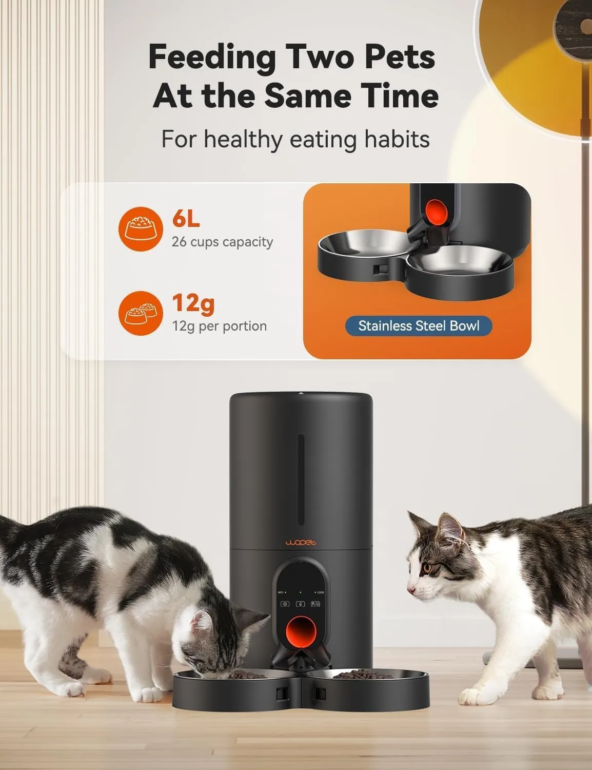 WOPET Automatic Cat Feeder, 5G WiFi Pet Feeder for Two Cats or Dogs with Remote Control, 6L Cat Food Dispenser with Low Food Sensor, 1-10 Meals Per Day, Up to 10s Meal Call for Pets